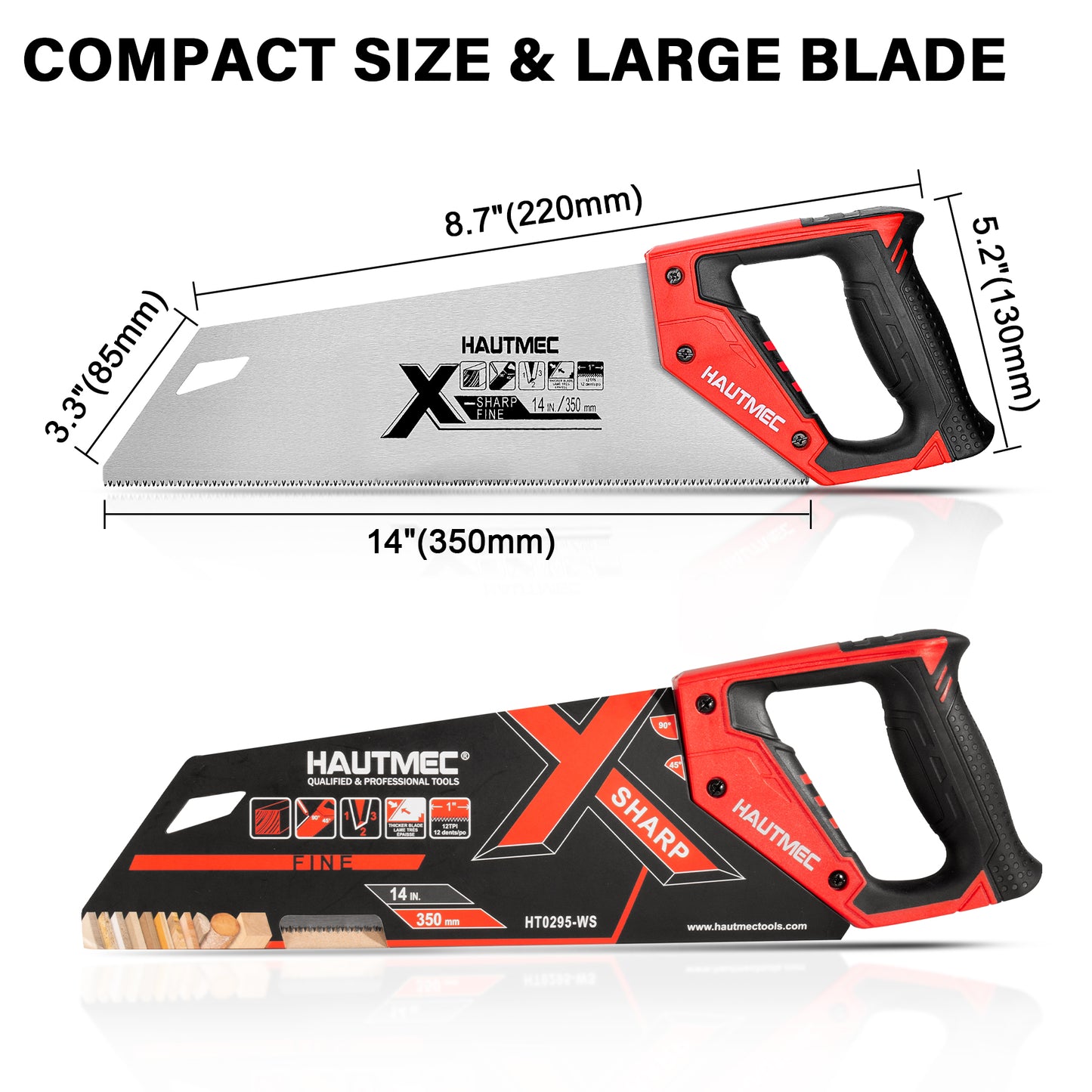 HAUTMEC 14-Inch X-Sharp Pro Hand Saw, Universal Wood Saw with 12 TPI Triple Ground Teeth, Thickened Carbon Steel Blade & Ergonomic Handle, Multi-Use Handsaw for Wood, Plastic, Drywall, PVC – HT0295