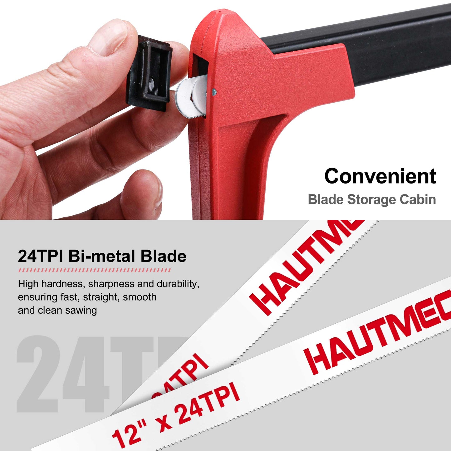 HAUTMEC 12 Inch Adjustable Hacksaw Frame With Blade Cabin, Heavy Duty 45°/90°2 Sawing Angles, 24 TPI High Tension Bi-metal HSS Blade, for Metal, Steel Pipe, PVC, Wood HT0015-CT