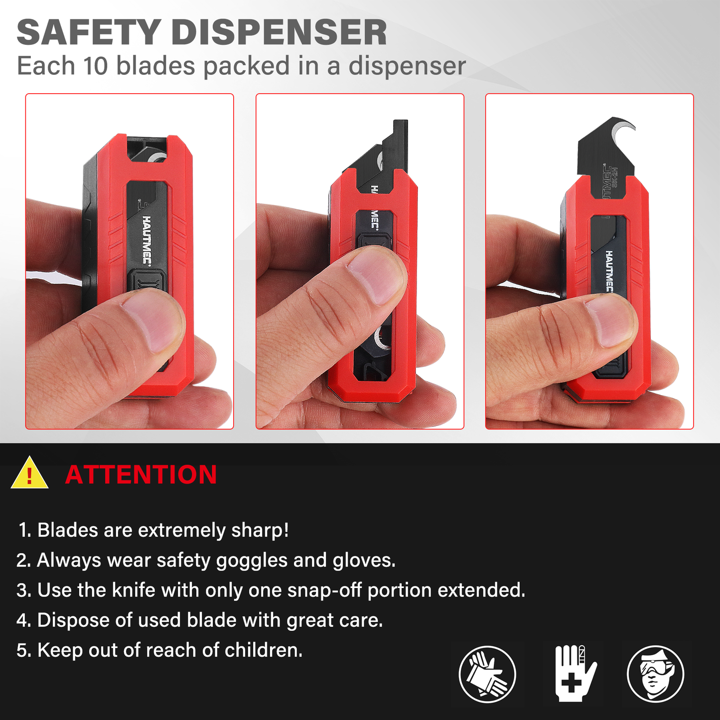 HAUTMEC Utility Knife Hook Blades, 10-Pack SK2H Steel Razor Blades with Innovative Safety Dispenser, Standard Size Replacement Blade for Heavy-duty Material Cutting – HTUBH25010