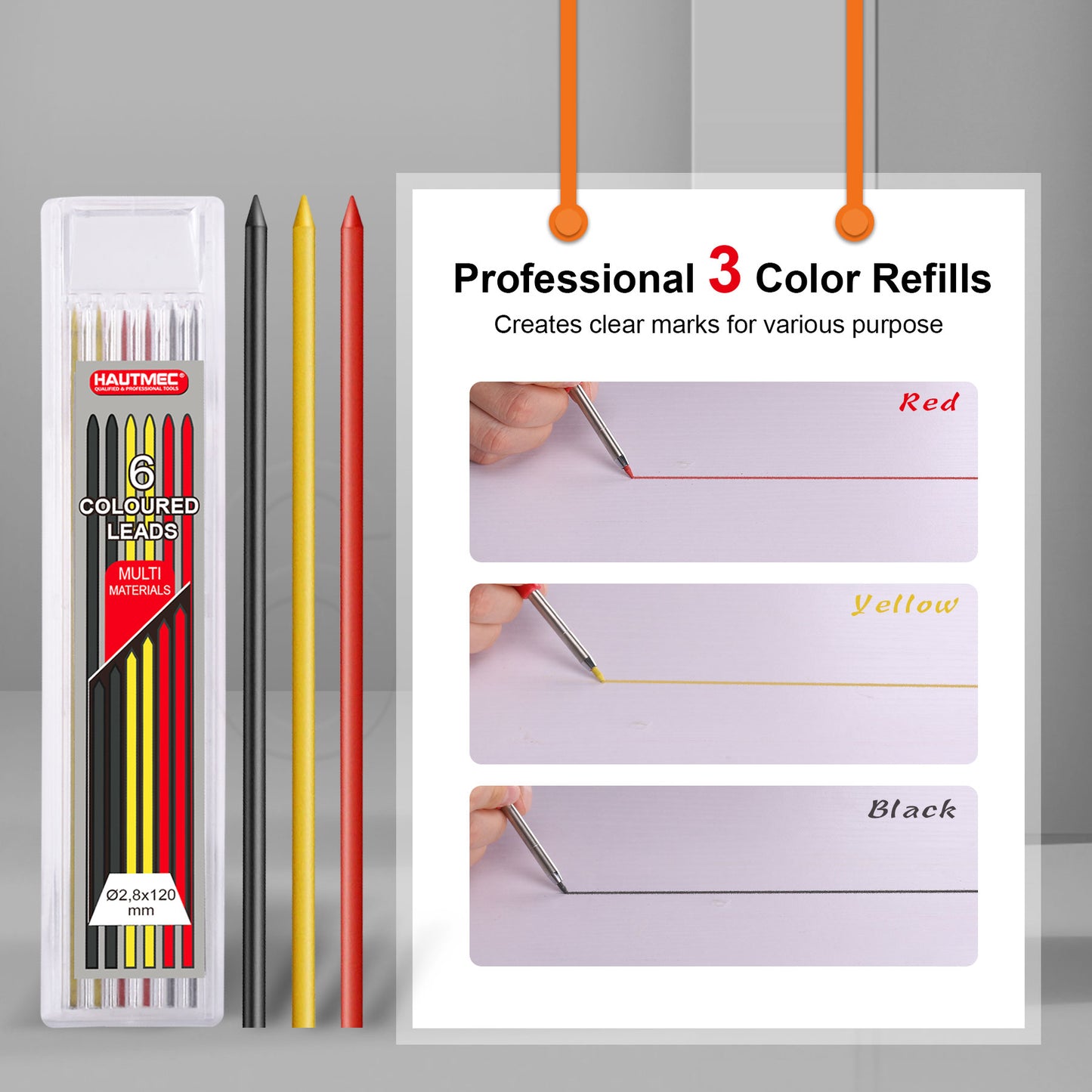 HAUTMEC 4Pcs Solid Carpenter Pencil with 6 Refills, Long Nose Deep Hole Mechanical Pencil Marker with Sharpener for Woodworking Architect Construction (Black, Yellow, Red) HT0293-DM-4PC