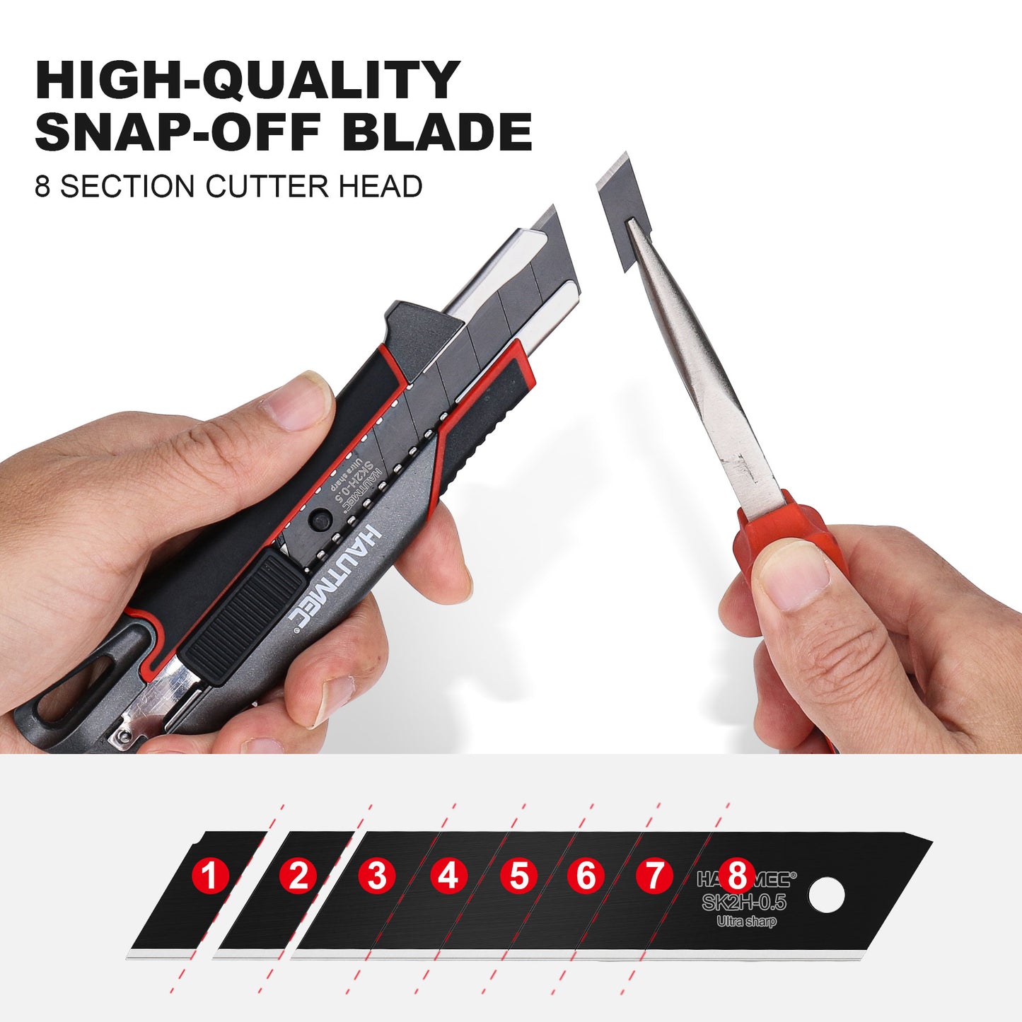 HAUTMEC Heavy Duty Utility Knife Box Cutter 18mm In Alluminum Alloy Shell, with Extra Ultra Sharp Black Sk2H 10 Blades in Safety Dispenser, Retractable and Auto-lock, HT0413-KN