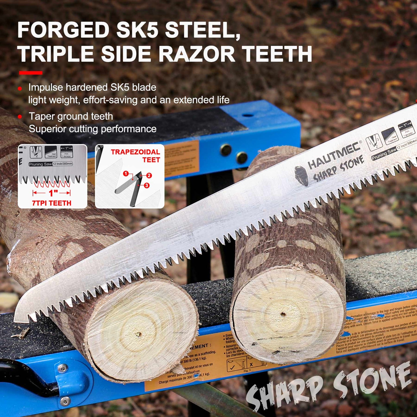 HAUTMEC 12" Pro Prunning Saw, A Pull Stroke Saw with Straight SK5 Steel Blade, Trapezoidal Teeth and Scabbard, for Pruning, Woodworking, Sharp Stone Series, HT0305