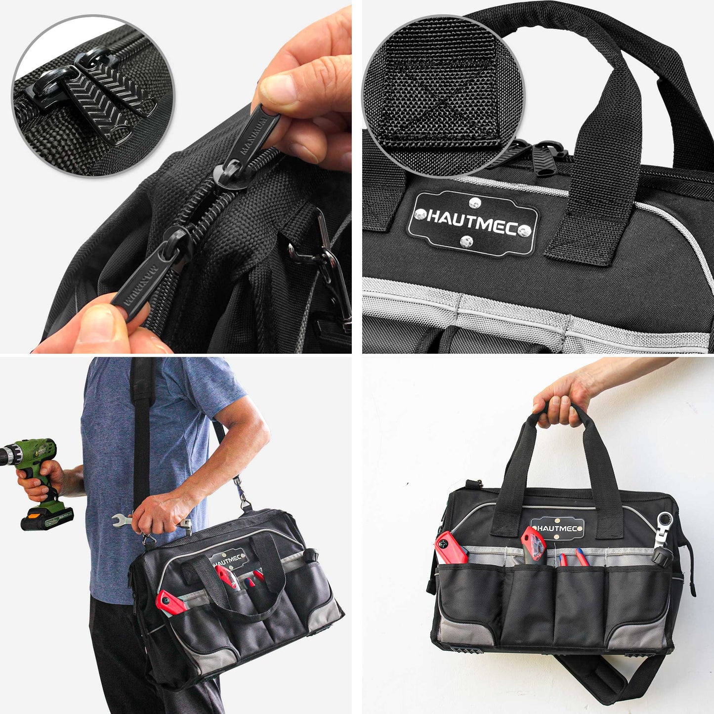 HAUTMEC Pro 16-inch Wide Mouth Tool Bag With 47 Pockets, Water-safe and Strengthened Base, Safety Reflective Straps for Tool Organization And Storage HT0183-TB