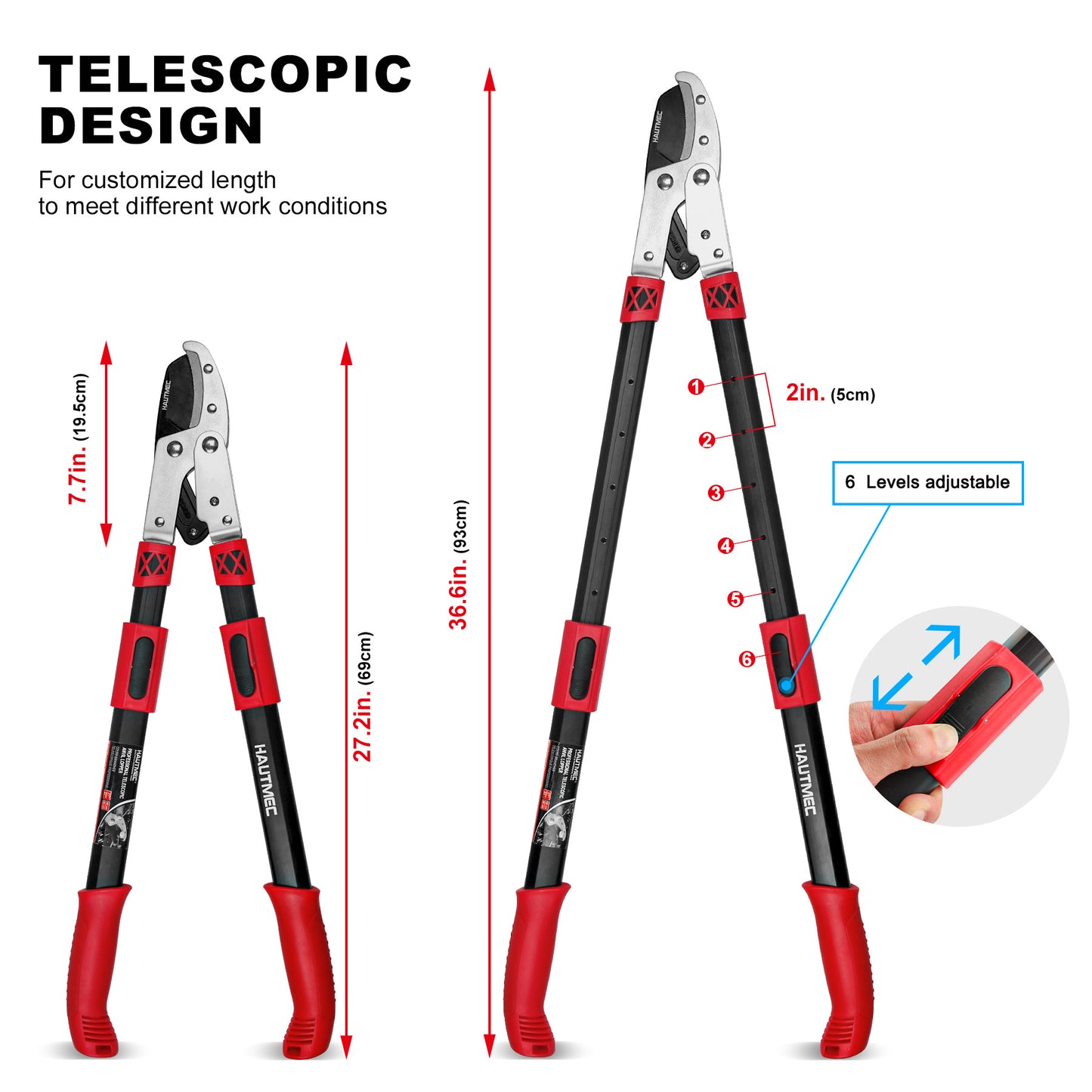 HAUTMEC Extendable 27-37'' Anvil Loppers with Compound Action System, 2" Cutting Capacity, Labor-Saving Tree Trimmer, Heavy Duty Thick Branch Garden Pruning Clippers Scissors HT0149-PS