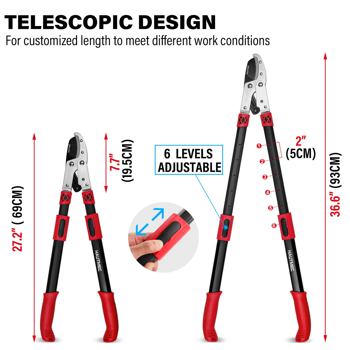 HAUTMEC Anvil Loppers for Tree Trimming Heavy Duty, Extendable 27-37'' Garden Bypass Loppers with Compound Action System, 2" Cutting Capacity, Labor-Saving Tree Trimmer for Yard, Lawn Branch Cutter HT0149