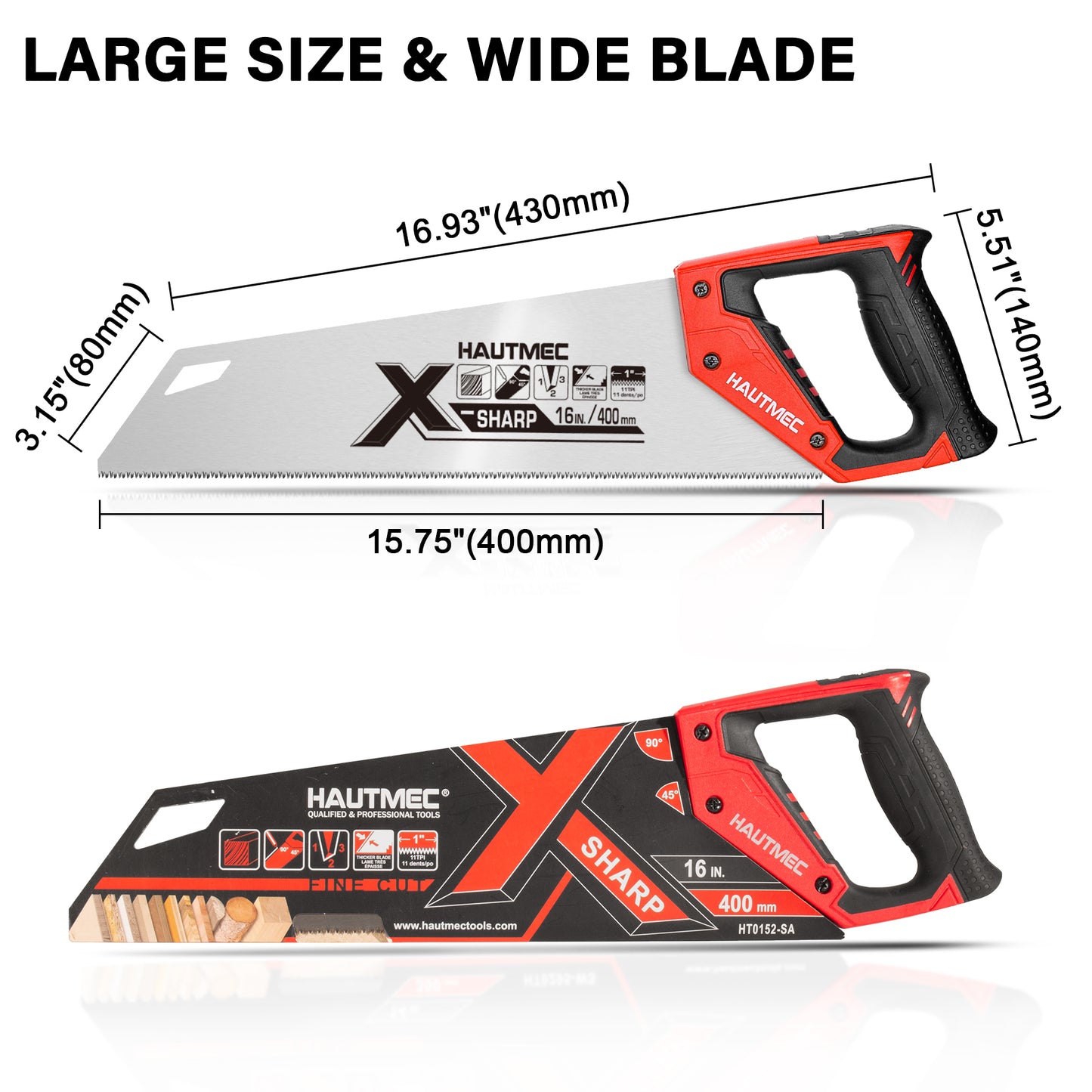 HAUTMEC 16 in. Universal X-Sharp Hand Saw - 11 TPI Fine Cuts Wood Saw - Professional Universal Saws for Wood, Laminate And Plastic - Ripcut And Crosscut Saw, HT0152-SA