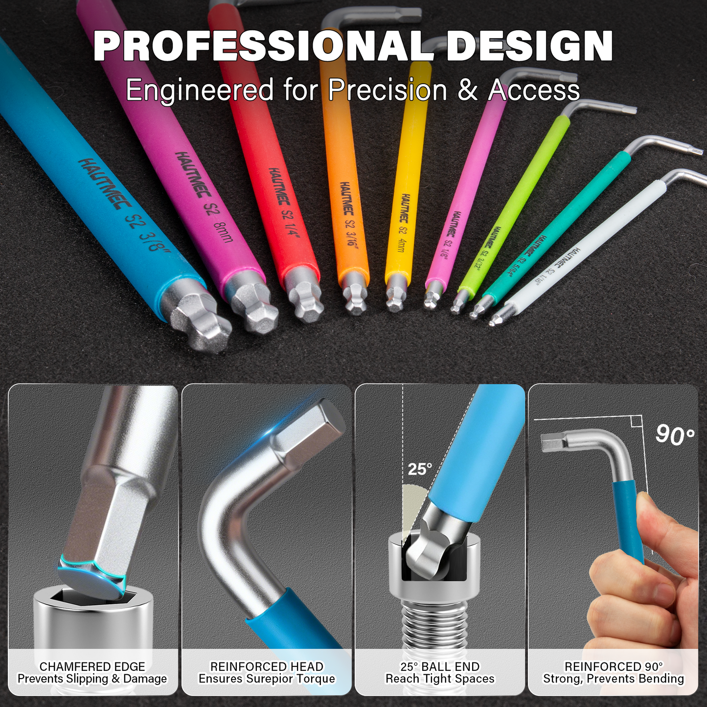 HAUTMEC Allen Wrenches Sets with Ball End, 9PCS Extra Long Arm Hex Key Set,  Heavy-Duty S2 Steel Pro Allen Key Set, 1/16" to 3/8", Color Coded Sleeve with Belt Loop Pouch for Professional Mechanics HTHKP25055