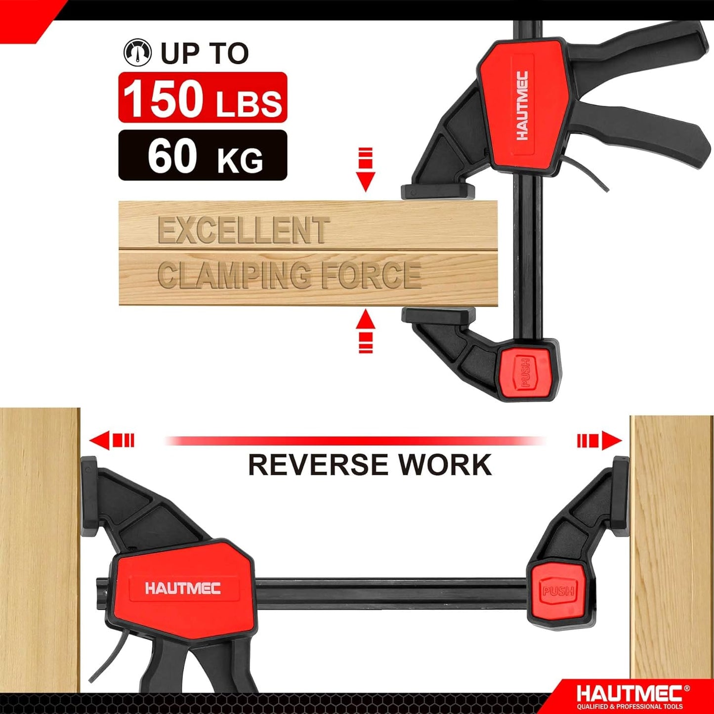 HAUTMEC 6-Piece Bar Clamps for Woodworking,12Inch x 2,4 Spring Clamps,Light-Duty Quick-Change With One-Handed Design HT0326