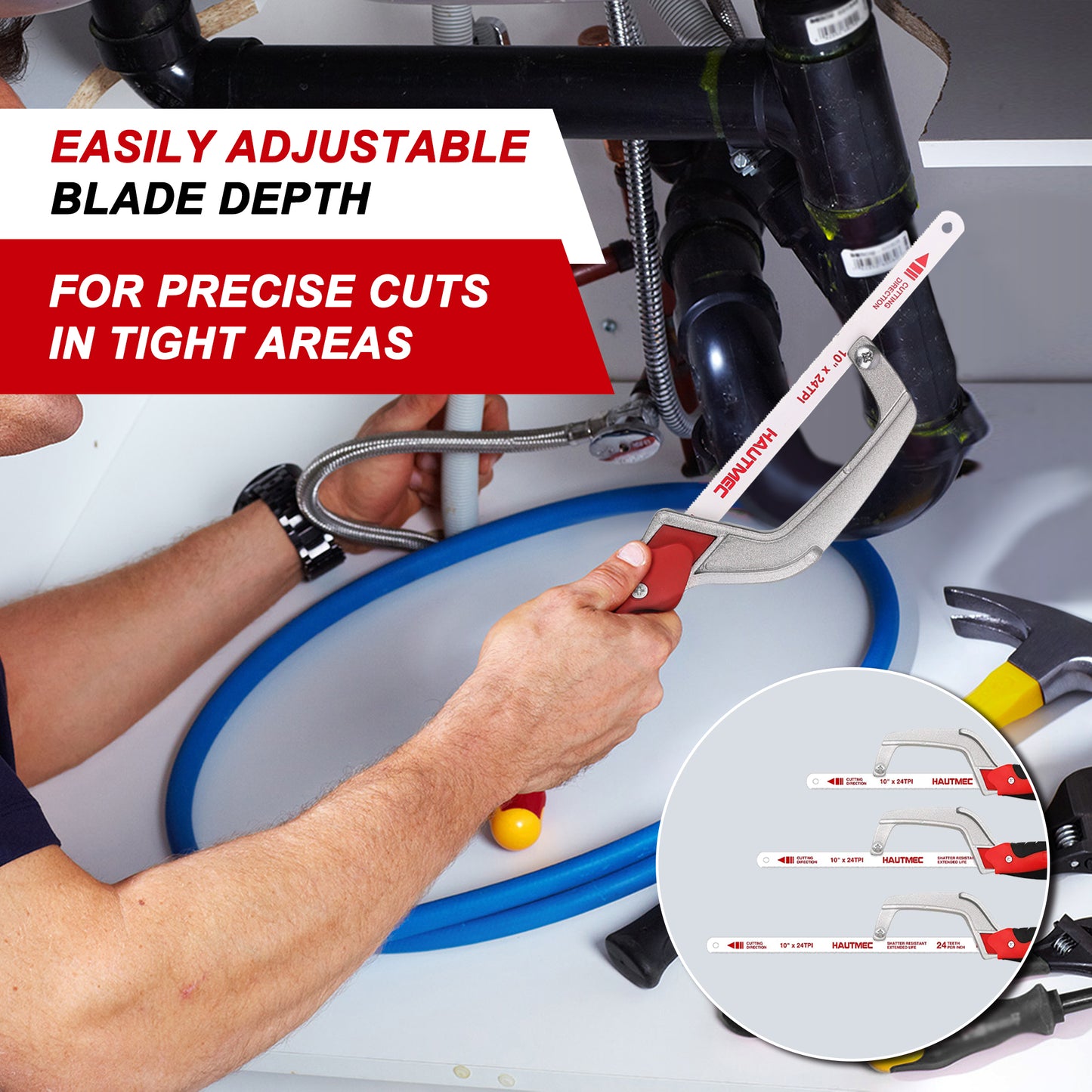 HAUTMEC Mini Hacksaw – Compact Hand Hack Saw Metal Frame With 3 PCS Bimetal HSS Blade, Especially cuts in Tight Hard-Reach Spaces, HT0355-MS
