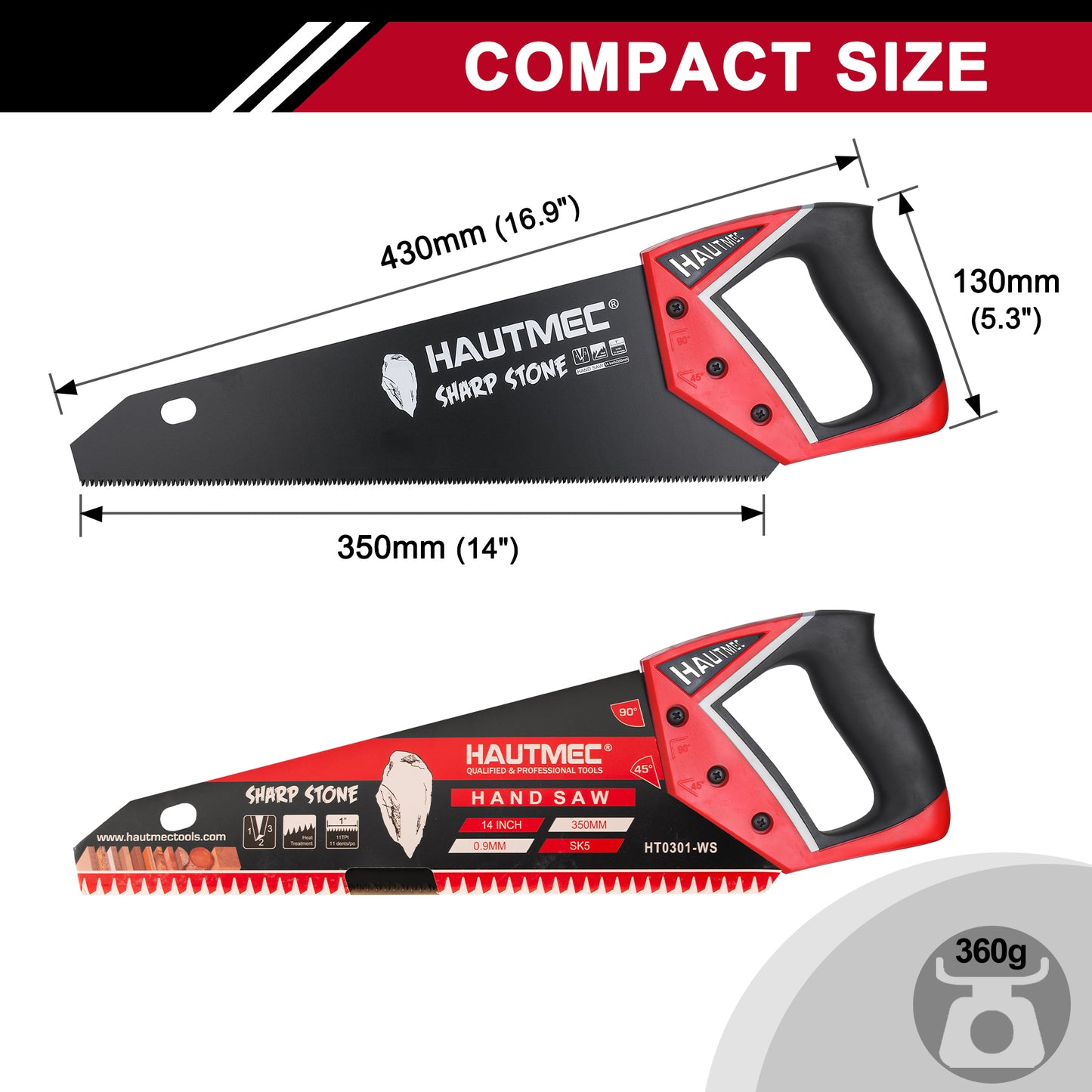 HAUTMEC 14" Expert Hand Saw for Accurate, Clean & Labor-Saving Cutting, 11 TPI Fine-Cut Handsaw with SK5 Rust-Resistant Blade, Triple Ground Teeth, Ergonomic Non-Slip Handle for Wood, PVC – HT0301