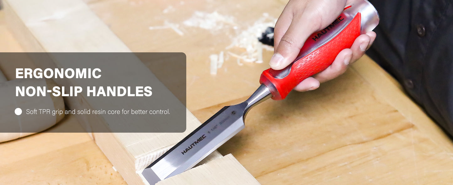 HAUTMEC 5 Piece Wood Chisel Set for Woodworking & Carving. Drop-Forged CR-V Steel Beveled Edge Blades with Ergonomic Non-Slip Handles and Heavy-Duty Strike Caps– HT0365