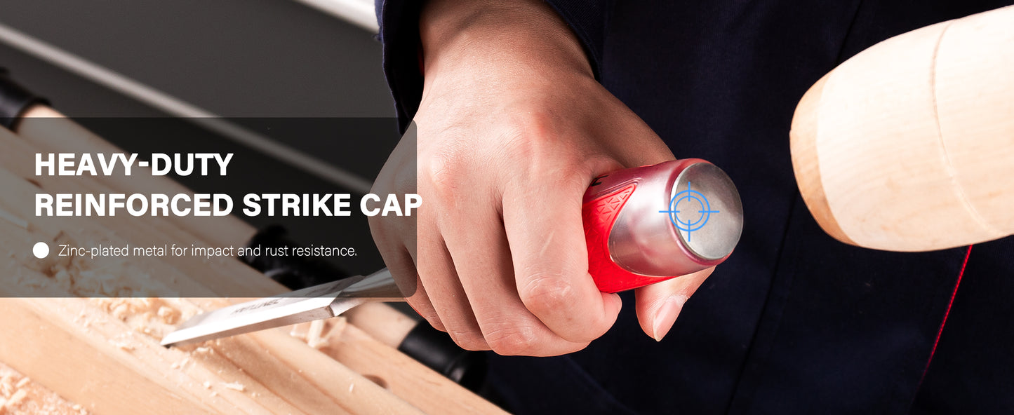 HAUTMEC 5 Piece Wood Chisel Set for Woodworking & Carving. Drop-Forged CR-V Steel Beveled Edge Blades with Ergonomic Non-Slip Handles and Heavy-Duty Strike Caps– HT0365