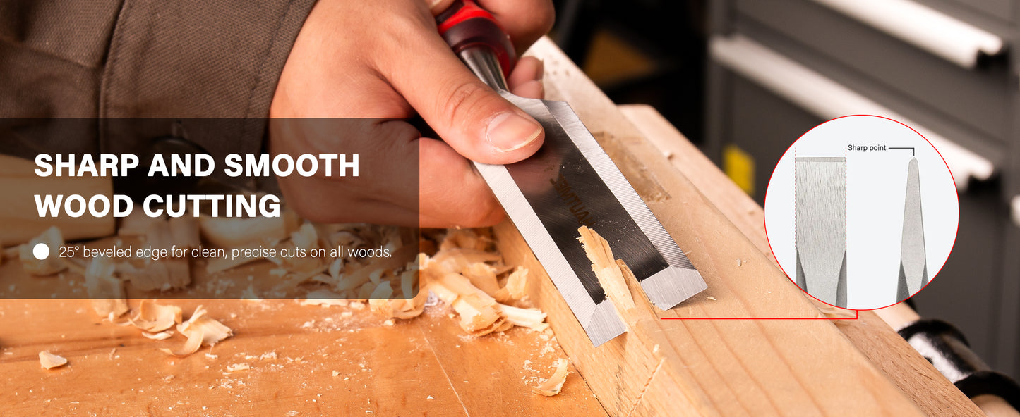 HAUTMEC 5 Piece Wood Chisel Set for Woodworking & Carving. Drop-Forged CR-V Steel Beveled Edge Blades with Ergonomic Non-Slip Handles and Heavy-Duty Strike Caps– HT0365