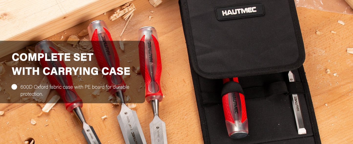 HAUTMEC 5 Piece Wood Chisel Set for Woodworking & Carving. Drop-Forged CR-V Steel Beveled Edge Blades with Ergonomic Non-Slip Handles and Heavy-Duty Strike Caps– HT0365