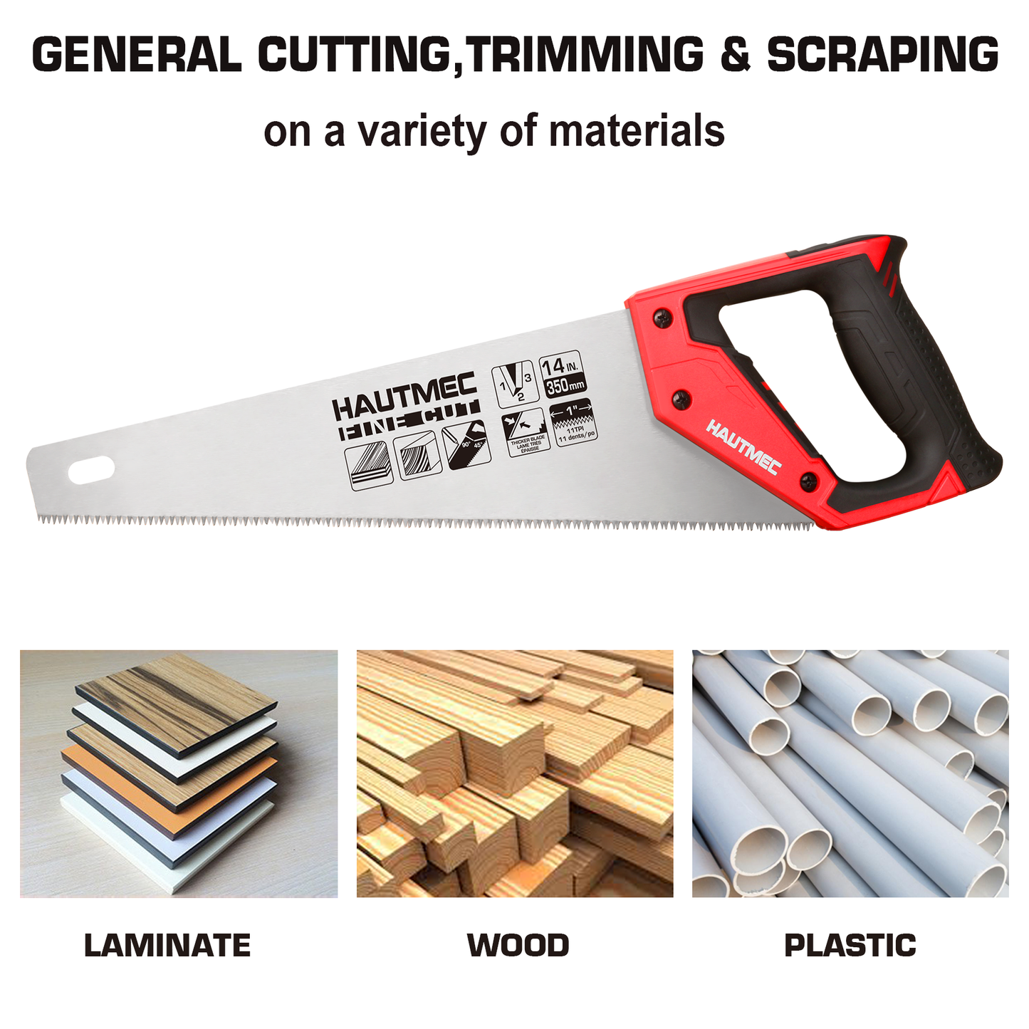 HAUTMEC 14 in. Universal Hand Saw - 11 TPI Fine Cuts Wood Saw - Professional Universal Saws for Wood, Laminate And Plastic - Crosscut Saw, HT0024