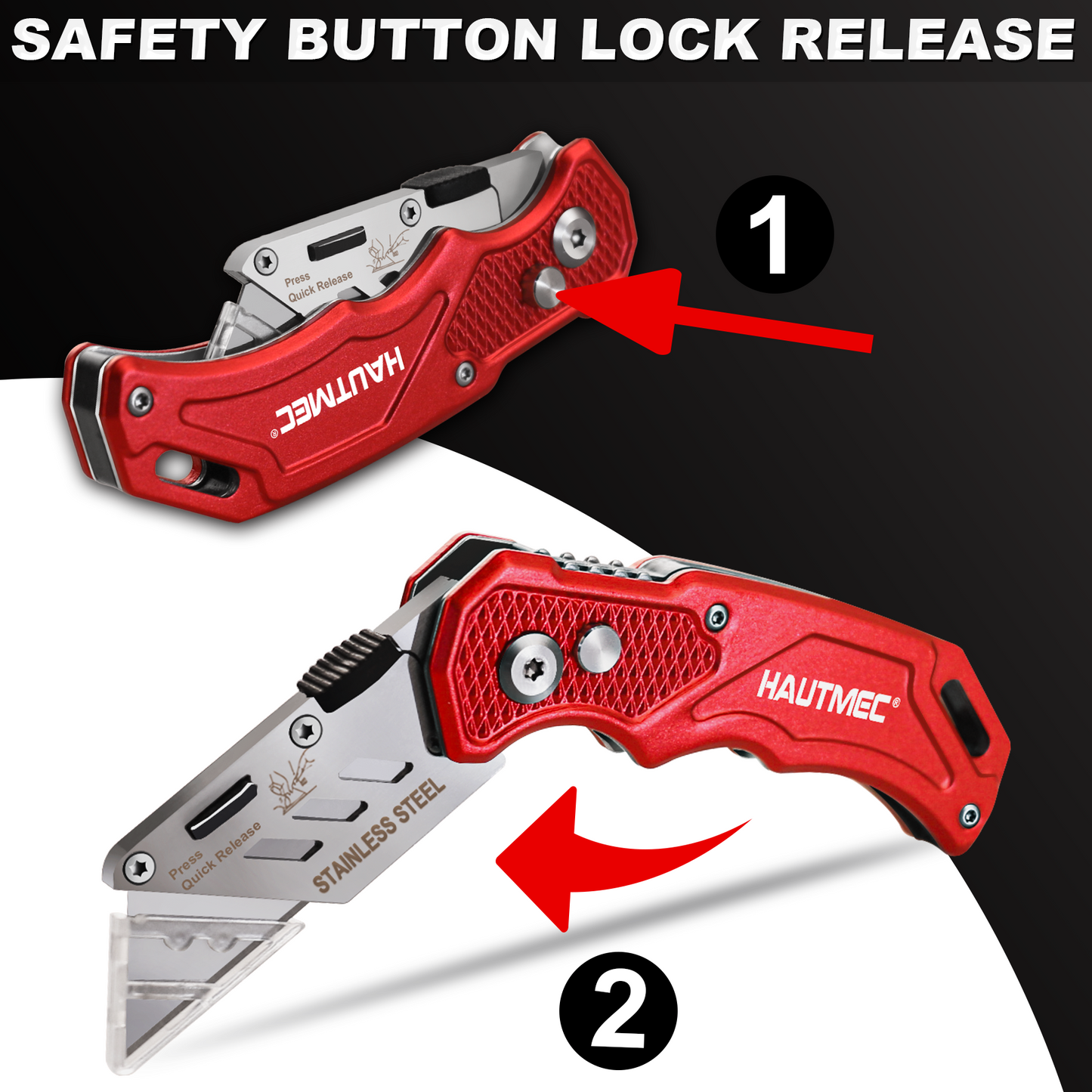 HAUTMEC 3-Pack Folding Utility Knife, Durable Aluminum Box Cutter with Quick-Change Blades & Lock-Back Safety Design, Includes 15 Extra SK5 Blades, HT0429-KN