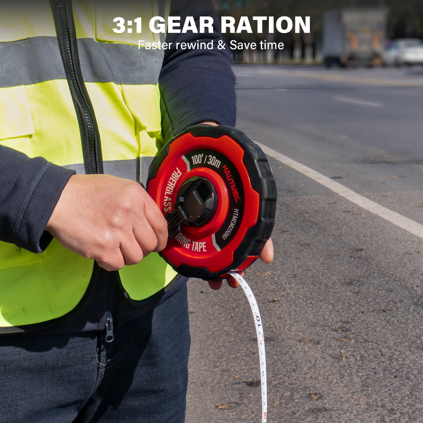 HAUTMEC Measuring Tape Long 100ft/30m Tape Measure Flexible Pvc Fiberglass Dual Inch/Metric, 3:1 Gear Ratio Speed Closed Reel Measure Tape,For Land Yard Distance Measurement, And Construction HTMEM25061