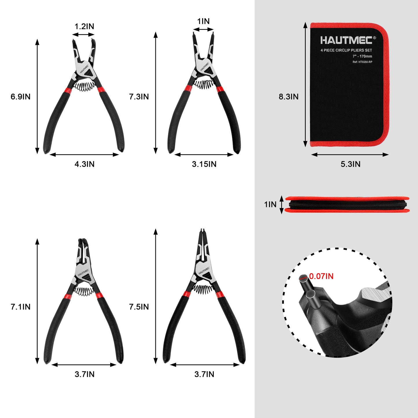 HAUTMEC 4PCS High Leverage Snap Ring Pliers Set,7 inches Internal/External Heavy Duty Circlip Pliers HT0280