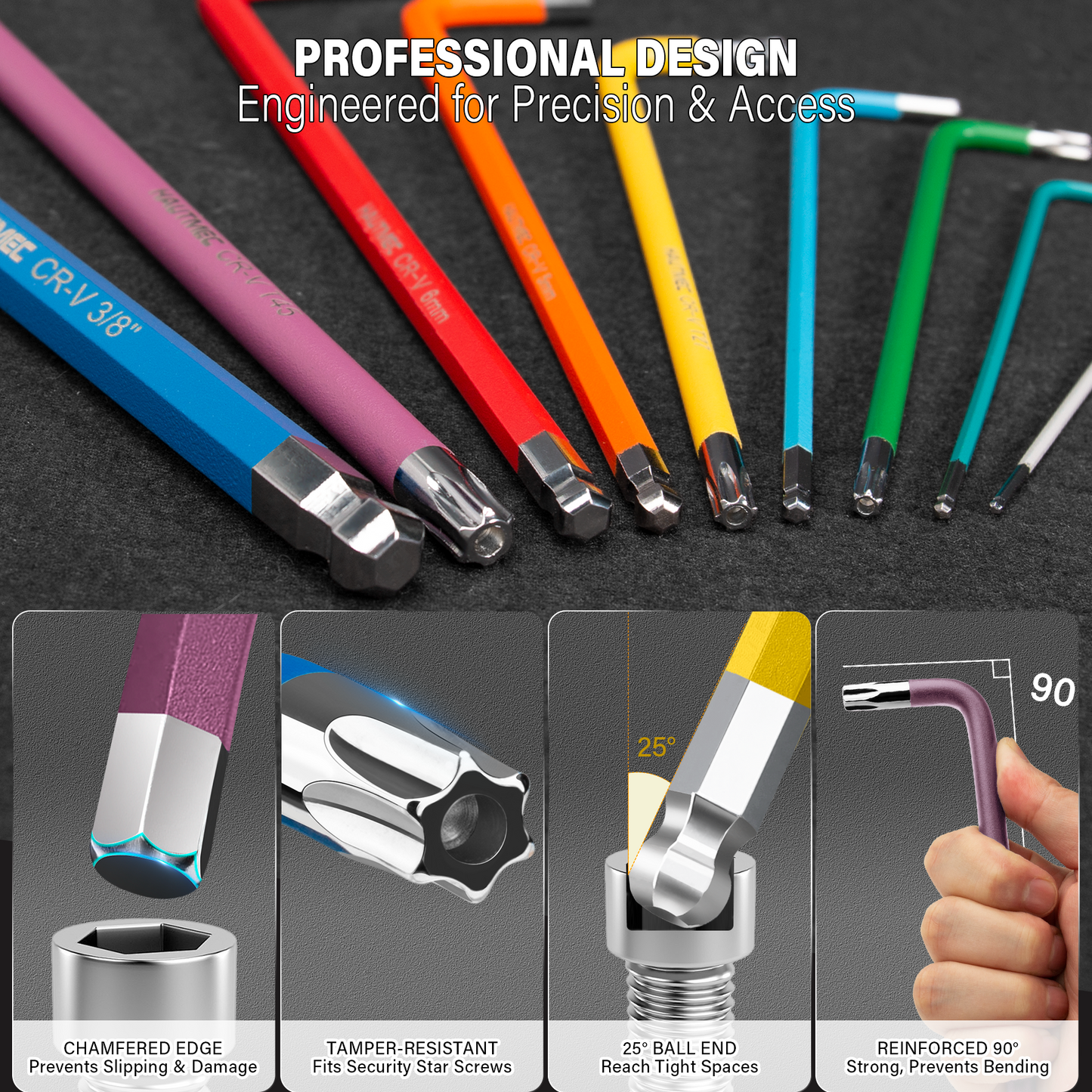 HAUTMEC 27PCS Long Allen Wrenches Sets with Ball End, SAE Metric Torx Allen Key Set with T-Handle Hex Key, 60CR-V Steel, Color Coded & Storage Bag,  SAE(1/16" to 3/8″),Metric(1.5-10mm),Torx (T10-T50) HTHKM25051