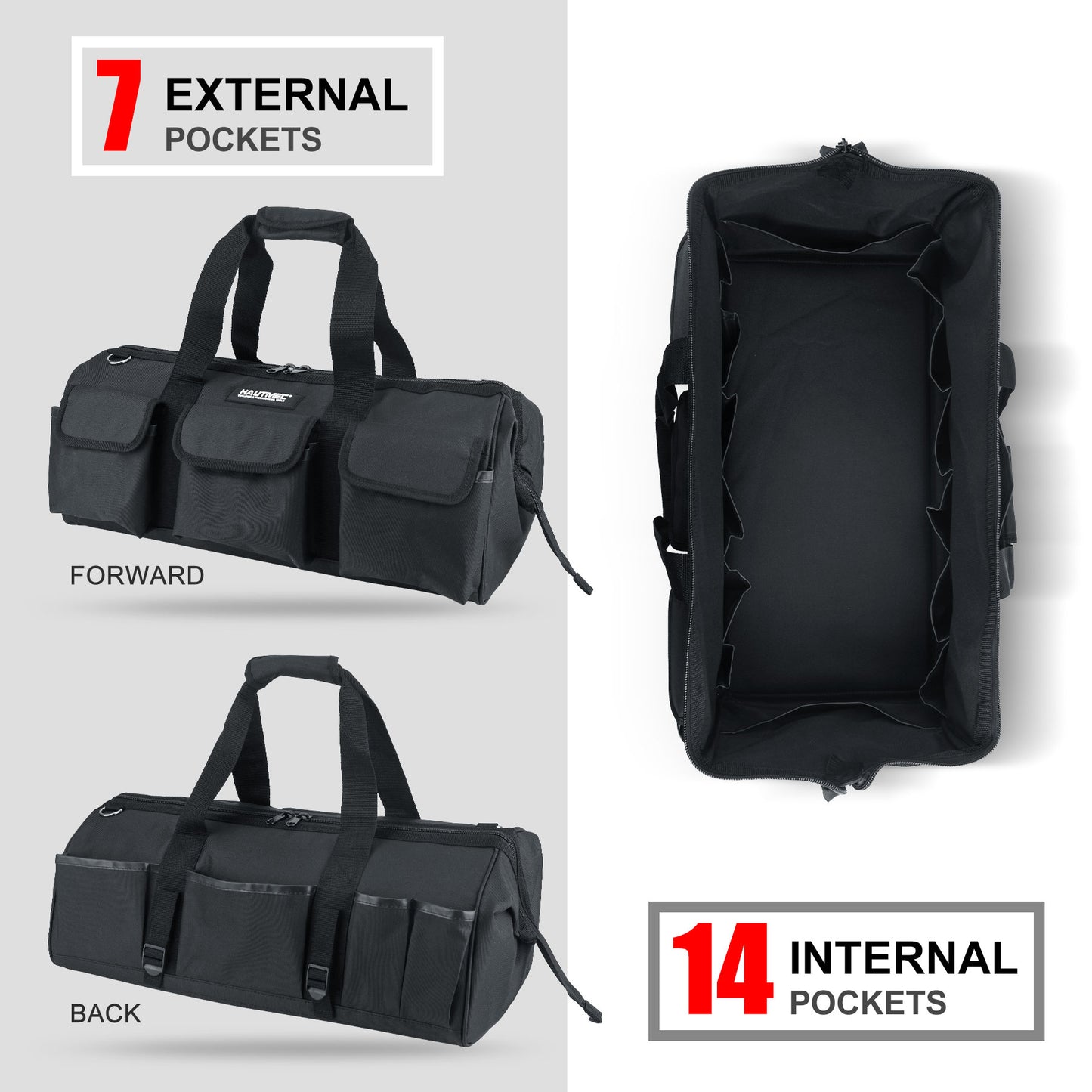 HAUTMEC 24" Contractor Heavy Duty Tool Bag, All Black HT0184-TB