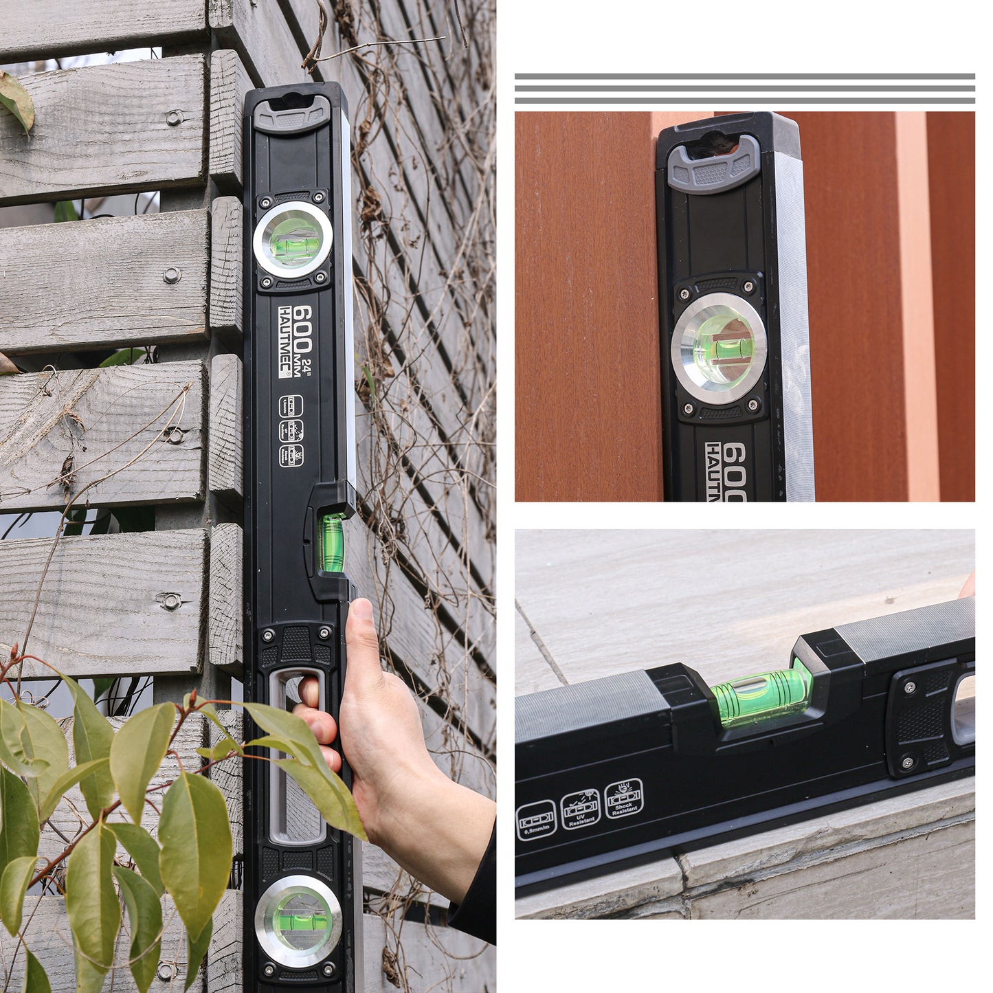 HAUTMEC 24-Inch Box Beam Spirit Level,Heavy Duty Aluminium Frame with 3 Bubble Vials HT0118-LE