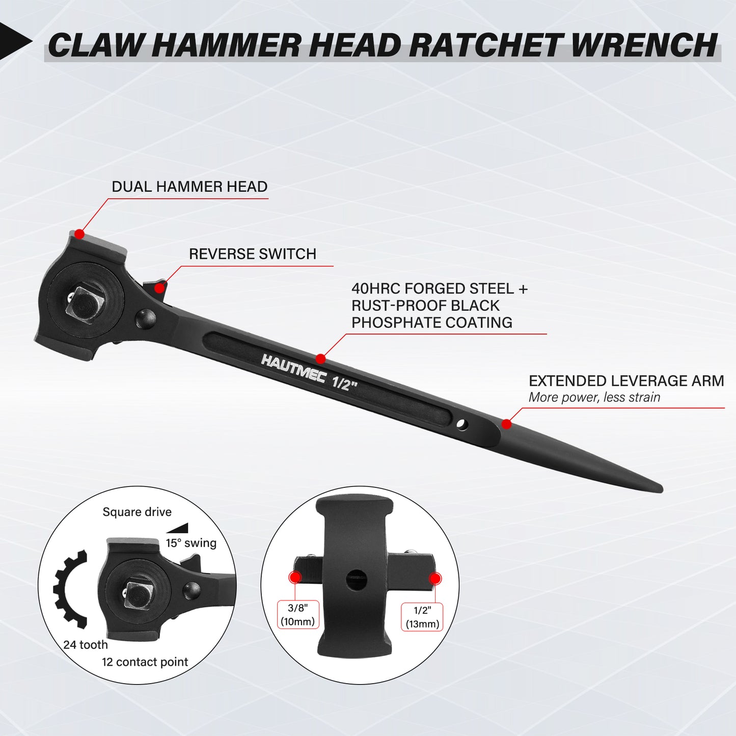 HAUTMEC 12inch Spud Ratchet Wrench Set(3 PCS), Includes 3/4" x 7/8" Dual Socket Scaffold Ratchet Wrench with Claw Pry Bar & Hammer Function, 3/8" x 1/2" Dual Head Ratchet, and Adjustable Spud Wrench HTASM25020