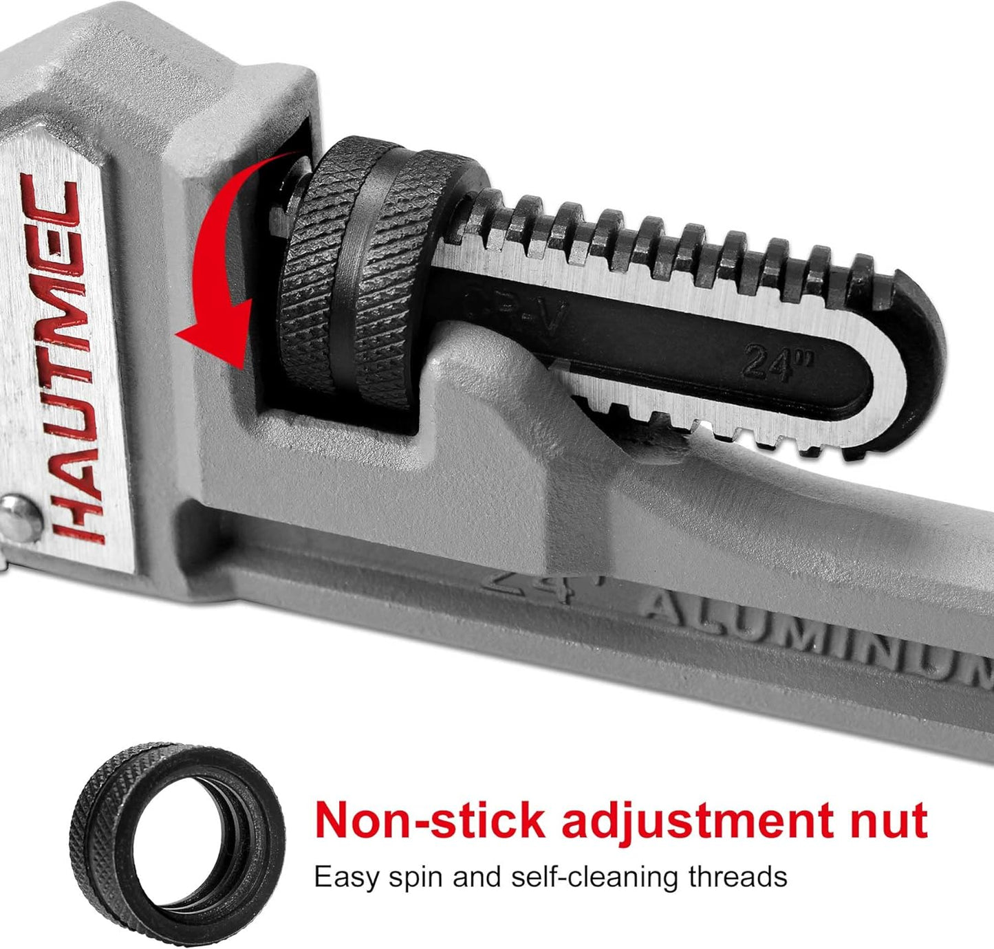 HAUTMEC 24 Inch Heavy Duty Aluminum Straight Pipe Wrench, Adjustable Plumbing Wrench, 3" Jaw Capacity, for Pipes, Tees, Ball Valves and Other Objects HT0187-PW