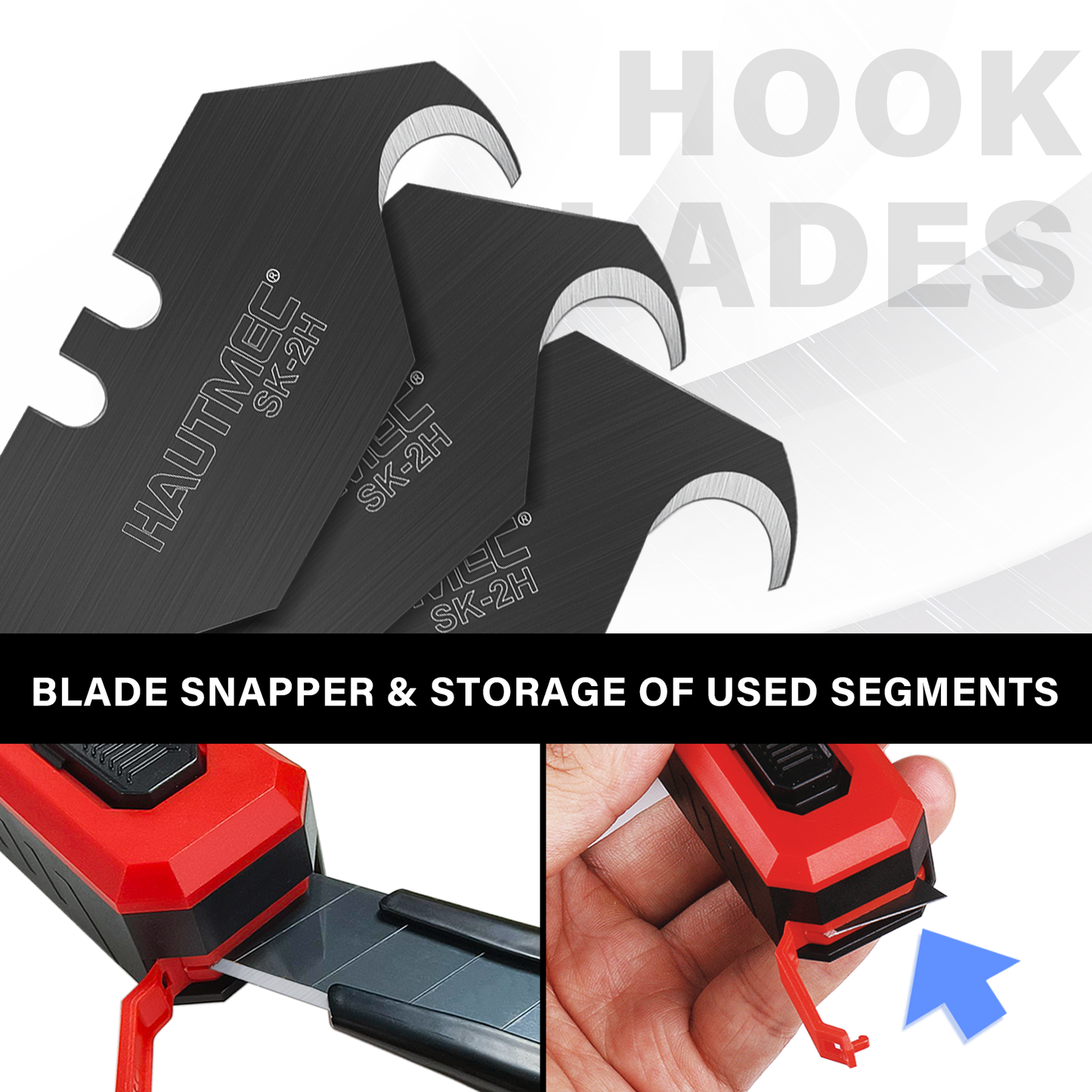 HAUTMEC Utility Knife Hook Blades, 10-Pack SK2H Steel Razor Blades with Innovative Safety Dispenser, Standard Size Replacement Blade for Heavy-duty Material Cutting – HTUBH25010