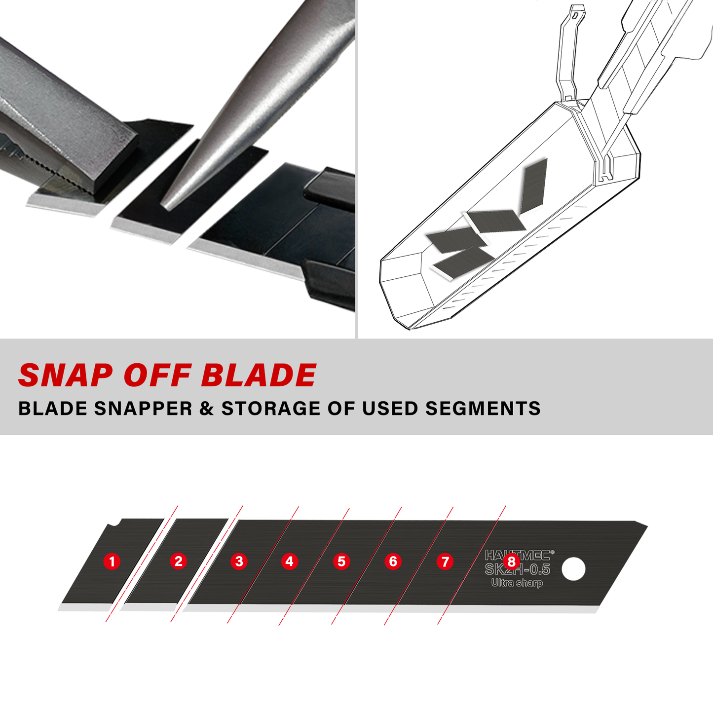 HAUTMEC 10PC 18mm Heavy Duty Utility Knife Blades, SK2H Steel Box Cutter Replacement Rustproof Blades - for Industrial or Construction Applications Bottom Snap-Off & Recycling Box 25008