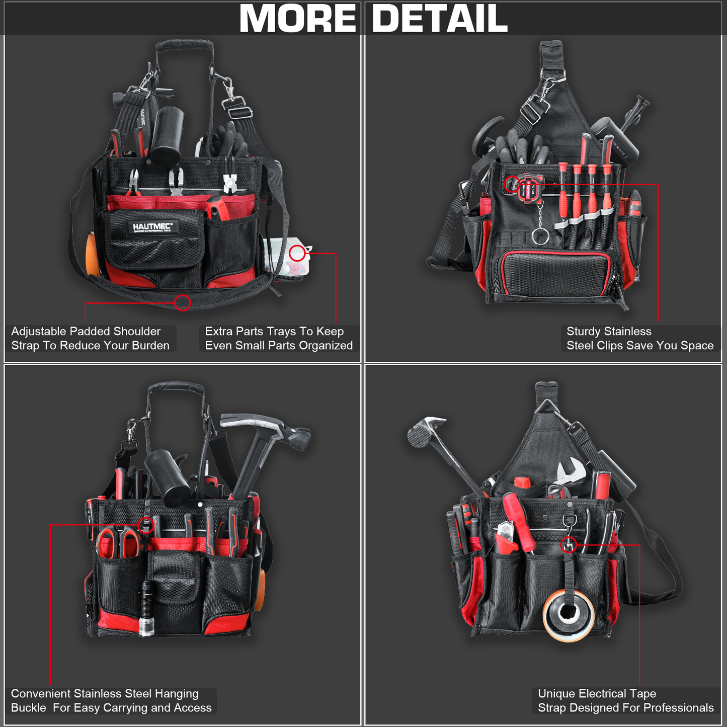 HAUTMEC Electrician Tool Bag with Parts Tray, Heavy-Duty 37-Pocket Open Top Tool Tote, Reinforced Base, Water-Resistant, Adjustable Shoulder Strap – HT0174