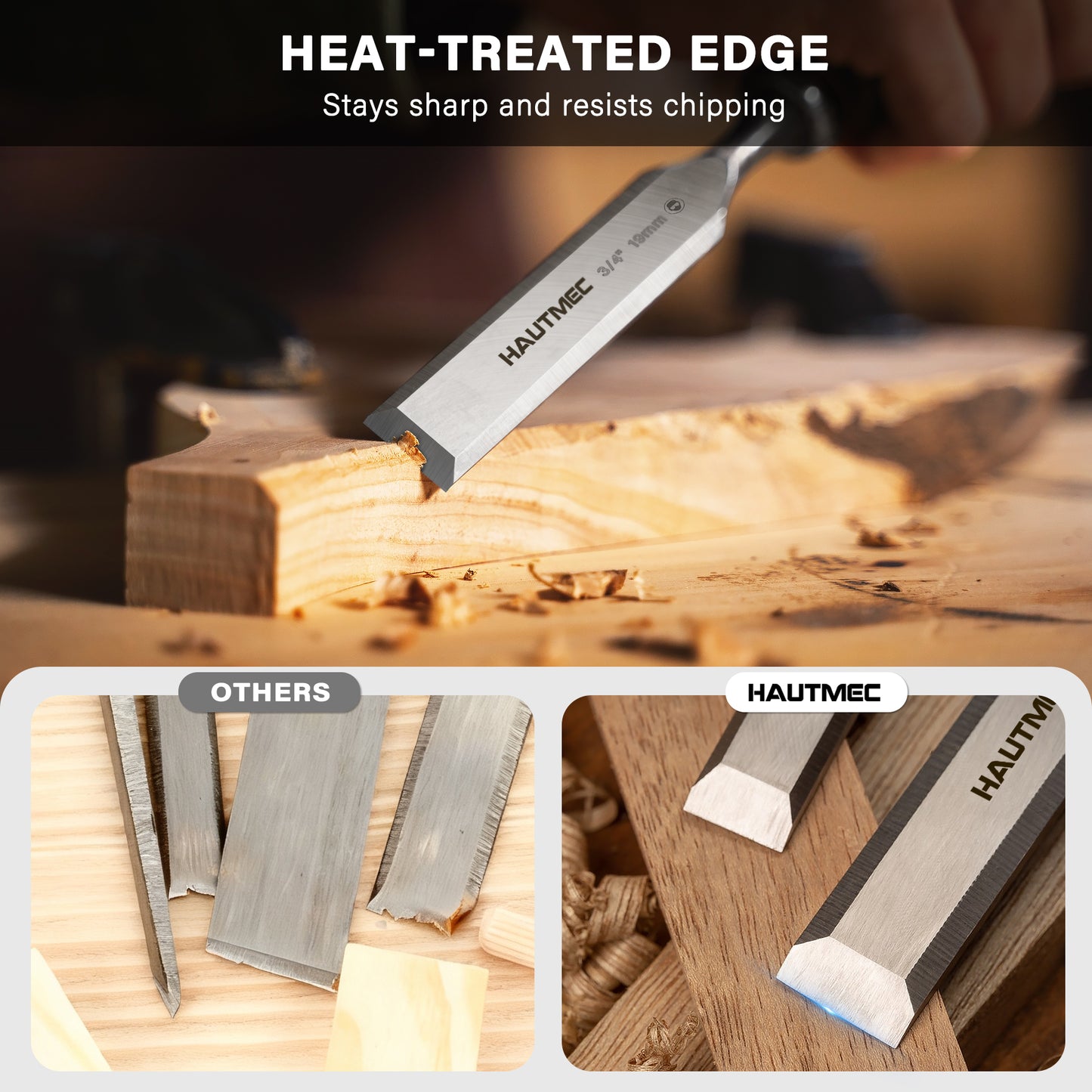 HAUTMEC 5 Piece Wood Chisel Set for Woodworking & Carving. Drop-Forged CR-V Steel Beveled Edge Blades with Ergonomic Non-Slip Handles and Heavy-Duty Strike Caps– HT0365