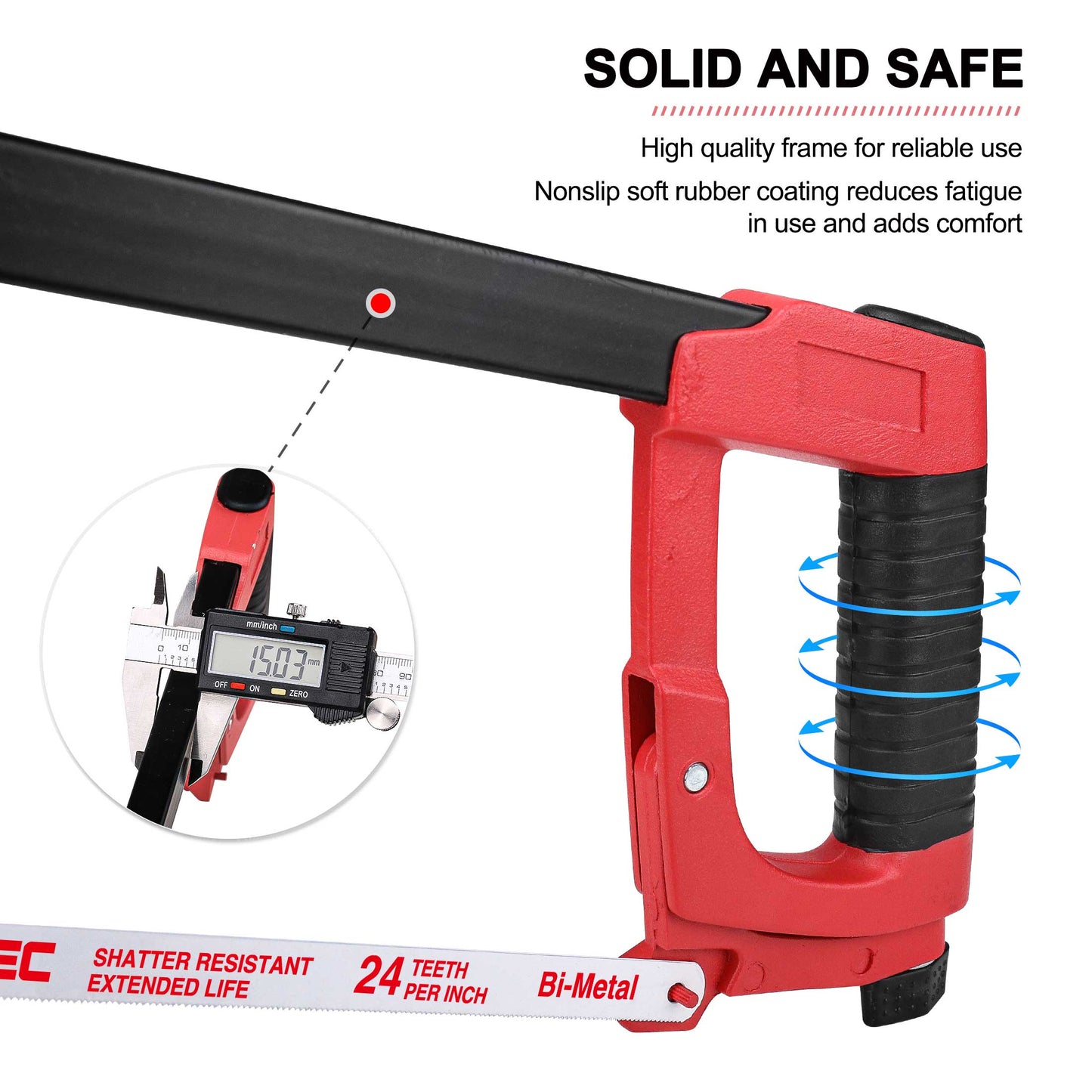 HAUTMEC 12 Inch Adjustable Hacksaw Frame With Blade Cabin, Heavy Duty 45°/90°2 Sawing Angles, 24 TPI High Tension Bi-metal HSS Blade, for Metal, Steel Pipe, PVC, Wood HT0015-CT