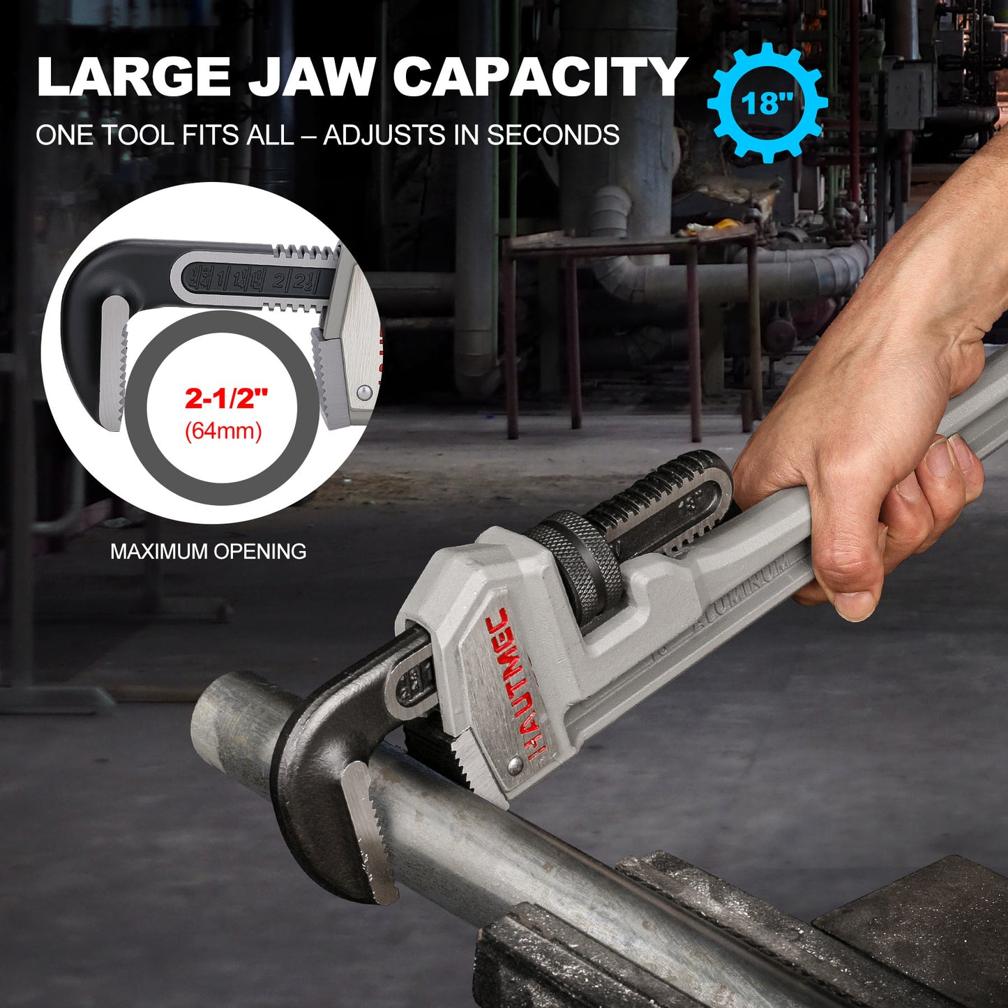 HAUTMEC 18 Inch Aluminum Straight Pipe Wrench,Heavy Duty Adjustable Plumbing Wrench, 2-1/2" Jaw Capacity,for Pipes, Tees, Ball Valves and Other Objects HT0186-PW