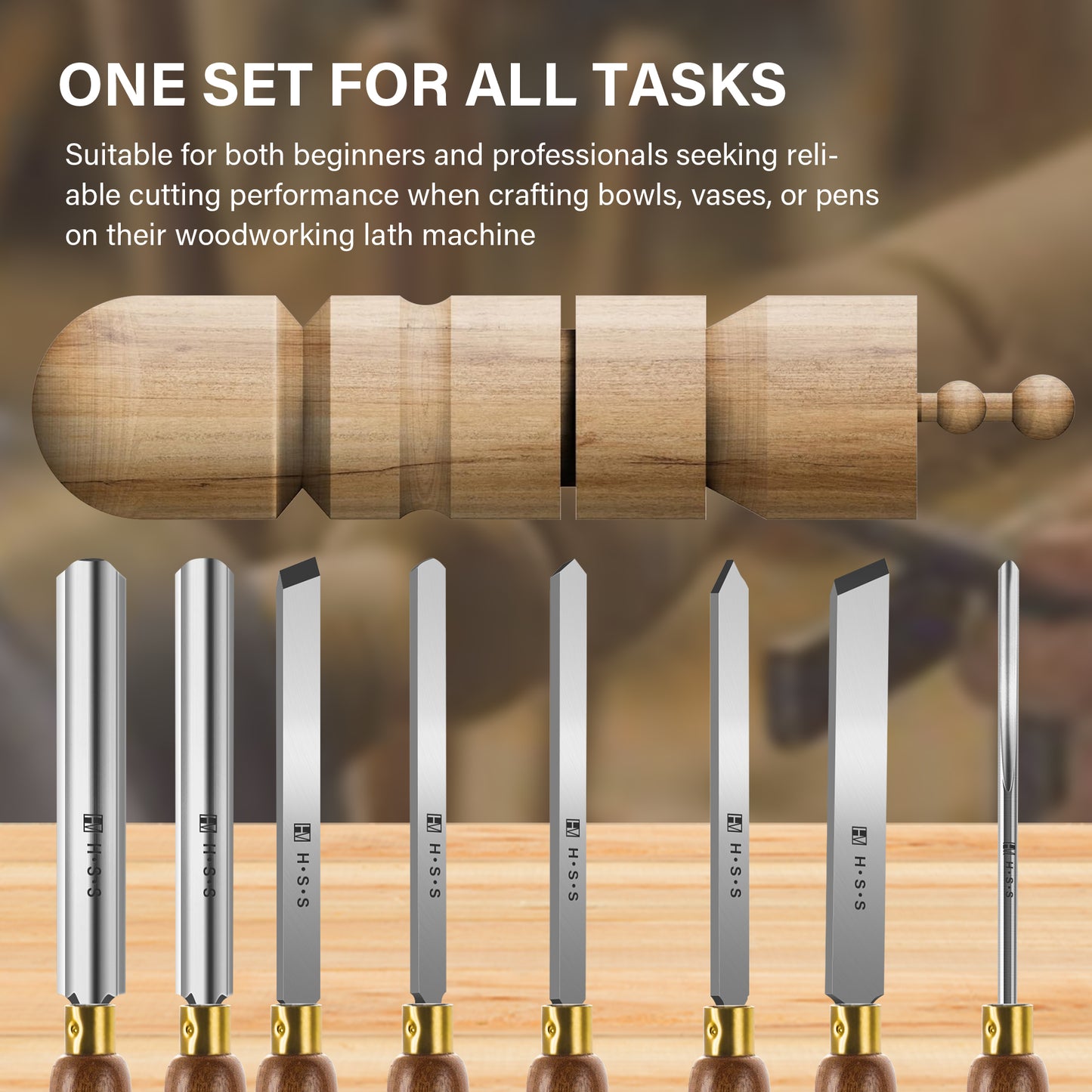 HAUTMEC Professional HSS Wood Turning Chisel Set 8 Pcs, Lathe Chisel Set with 3 Gouge 2 Skew 1 Spear Point 1 Parting 1 Round Nose Tools with 1680D Tool Bag for Professionals and Beginners - HTWCH25028