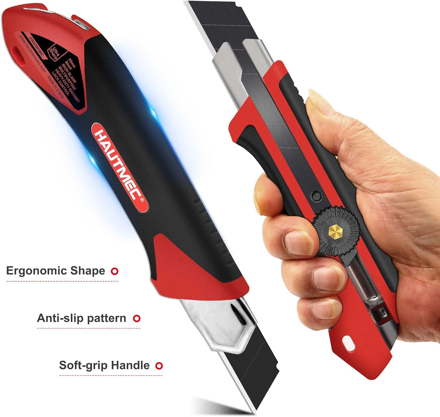 HAUTMEC 25mm Extra Heavy-Duty Utility Knife with 10pcs Blade set, Multi-Purpose Snap-off Box Cutter, Ratchet-lock Mechanism, Reinforced Fiberglass Handle HT0251-KN