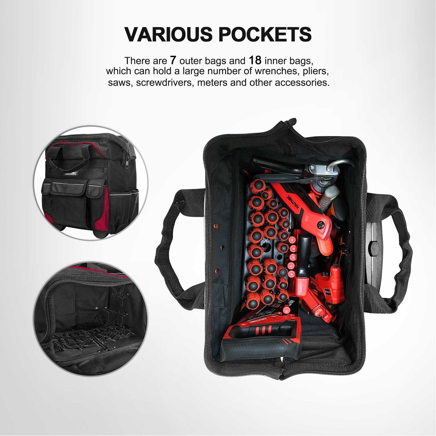 HAUTMEC 14.5" Rolling Tool Bag With Wheels Portable Tool Bag With Adjustable Telescoping Handle Wide Mouth Storage Organizer Perfect Mens Gifts, 600D Red, HT0179