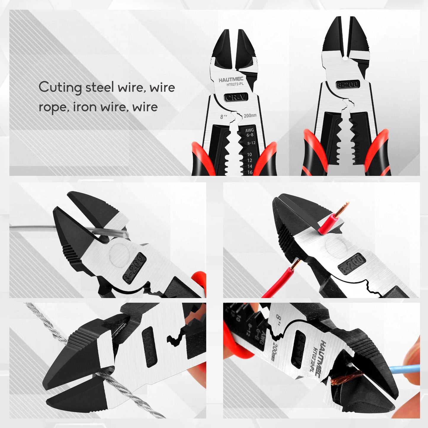 HAUTMEC 8" Wire Cutters,Pro-High Leverage Diagonal Pliers,4 in 1 Multifunction Heavy Duty Side Cutter HT0272-PL