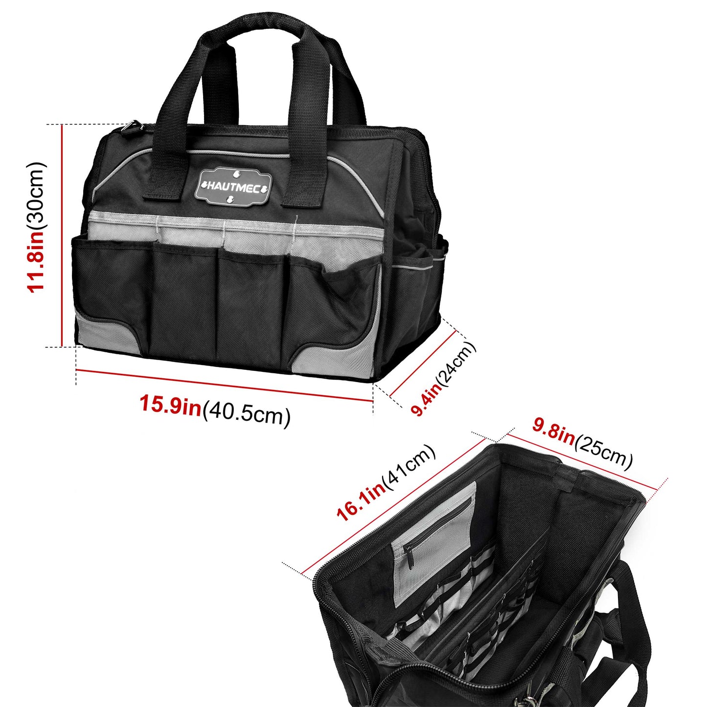 HAUTMEC Pro 16-inch Wide Mouth Tool Bag With 47 Pockets, Water-safe and Strengthened Base, Safety Reflective Straps for Tool Organization And Storage HT0183-TB