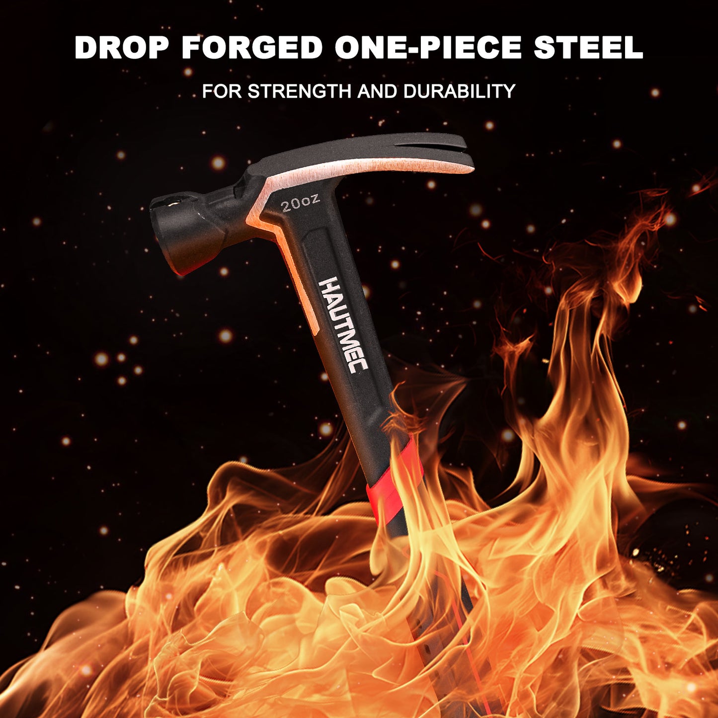 HAUTMEC 20 oz. One Piece Forged Framing Hammer With Straight Rip Claw, Milled Face, Shock-Absorbing Grip, with Magnetic Nail Holder, HT0371-HM