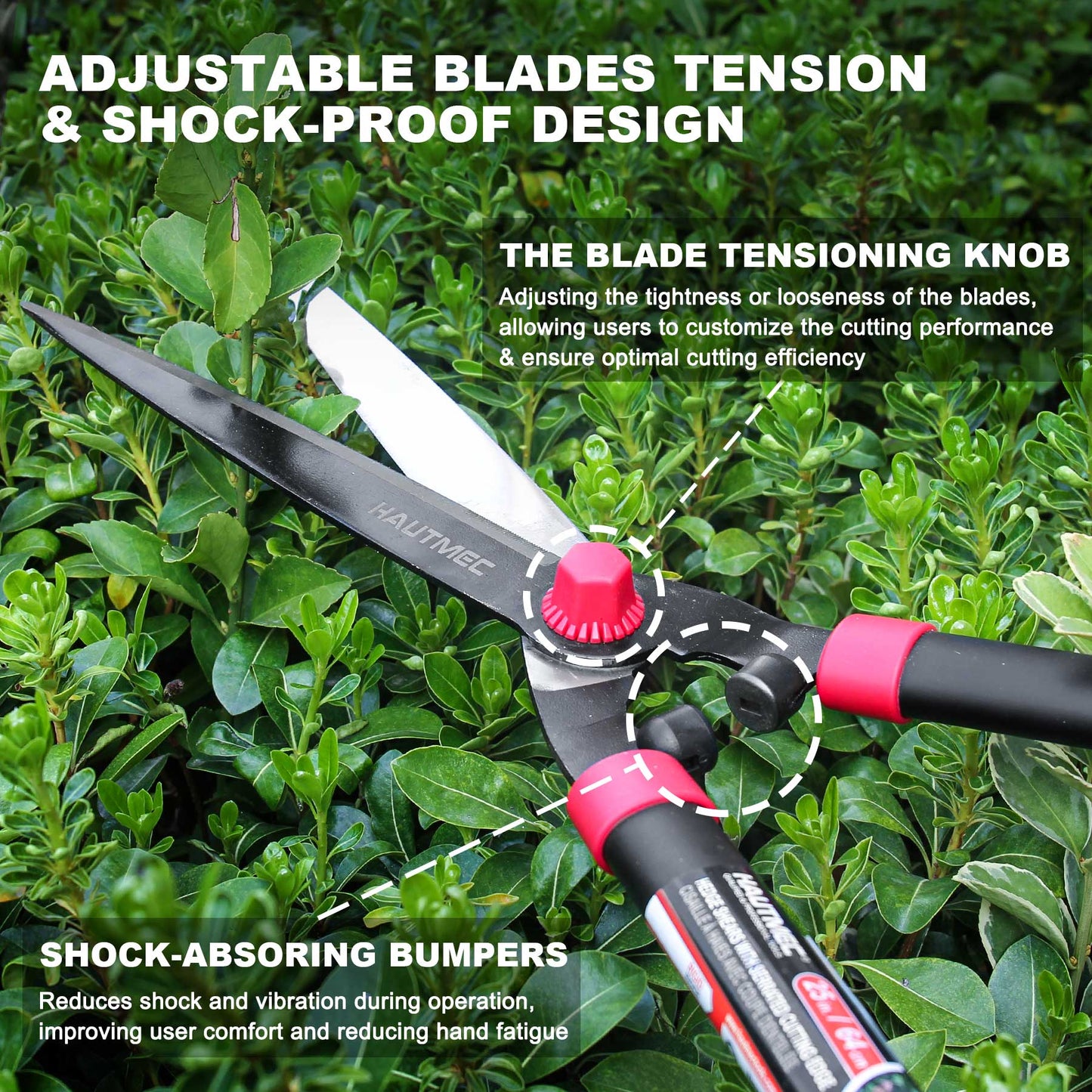 HAUTMEC 25'' Manual Hedge Shears & Clippers with Low Friction Coated Blade and Lightweight Handles, Idea for Trimming and Shaping Borders, Decorative Shrubs and Tall Bushes HT0148