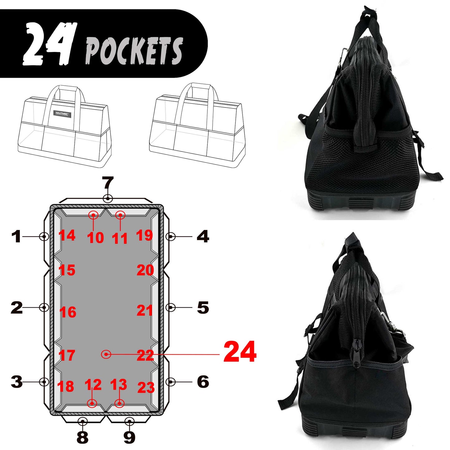HAUTMEC 16-inch Heavy Duty Wide Open Mouth Tool Bag, Shoulder Organizer Bag with Water-Proof Molded Base, Double 600D Fabric, Black, HT0096-TB
