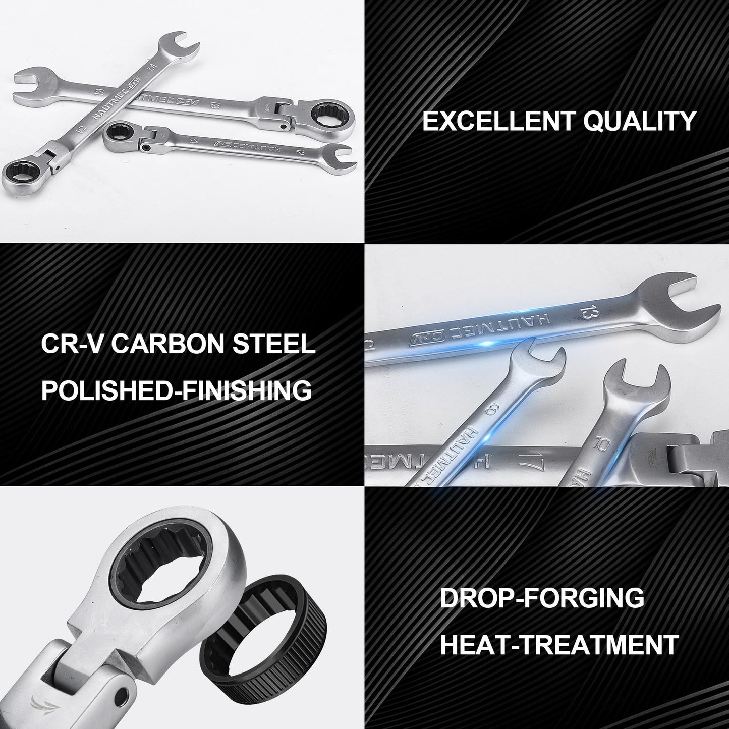 HAUTMEC 7-Piece Flex-Head Ratcheting Combination Wrench Set, Metric 8-19mm, 72-Teeth Chrome Vanadium Steel with Storage Rack for Mechanics, Auto Repair, Household Tool kit HT0127-RW