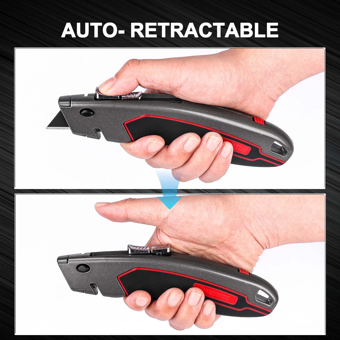 HAUTMEC Heavy Duty Utility Knife With Dual Cutting Mechanism: Safety Auto-Retracting Cutting + Precision 3 Position Depth Tough Cutting, Professional Box Cutter With 3 Black Sk4 Blades, HT0311