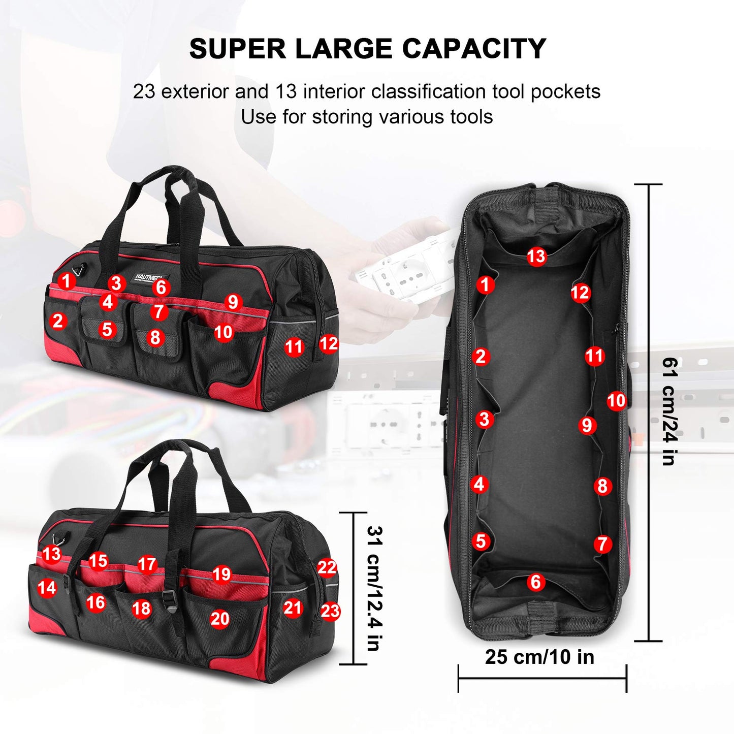 HAUTMEC 24 Inch 1680D Wide Mouth Tool Bag with Level Holder, Heavy Duty Tool Organizer Bag for Various Tools HT0284