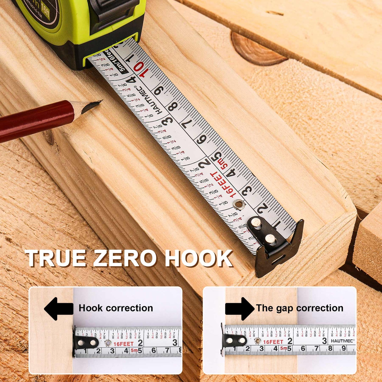 HAUTMEC 16Ft Tape Measure 3PCS with Fractions 1/8, Multi-Catch Hook Retractable Measuring Tools, Heavy Duty Green Compact Case for Construction, Carpenter, Professionals HT0314-3PC