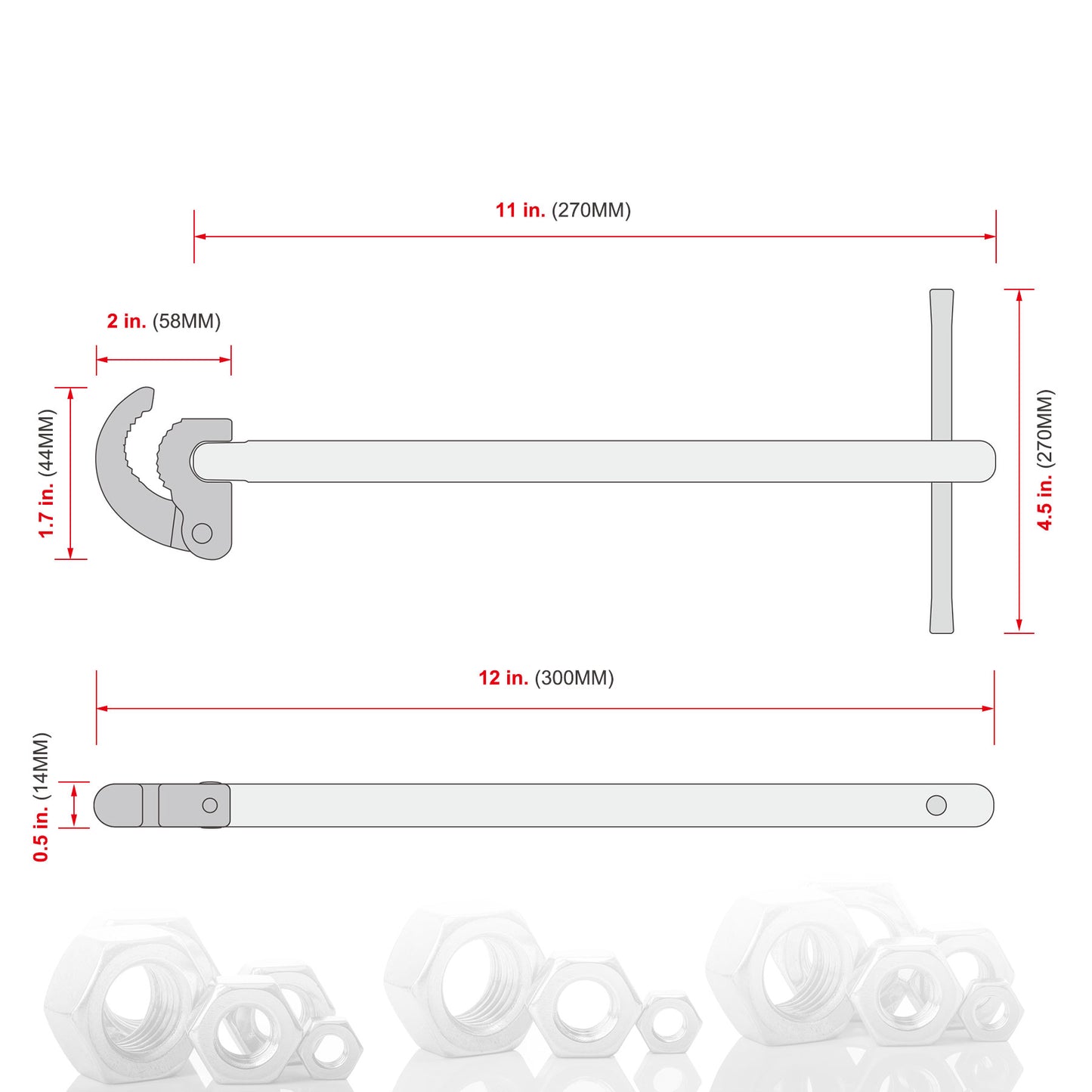 HAUTMEC 11-Inch Pro Basin Wrench with Adjustable 3/8'' to 1-1/4'' Capacity,Plumber Wrench for Faucet Hex Nuts in Tight Space HT0261-PL