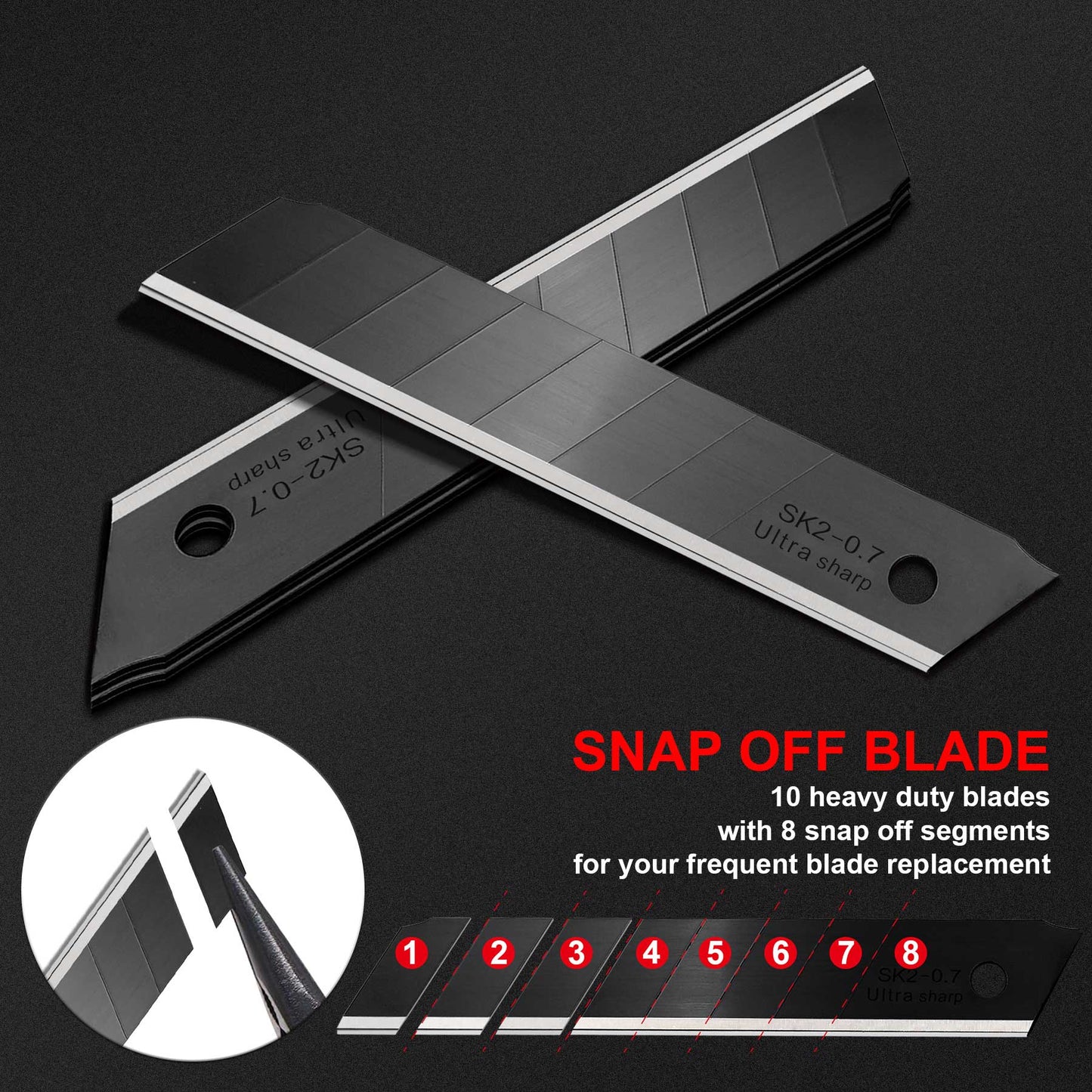 HAUTMEC 20PCS 18mm Triple Cutting-edge Snap Off Blades, Retractable Black Replacement Blades, SK2 Utility Knife Blades, Strengthened Safety Box, for Box, Carpet, Rope HT0083-20PC