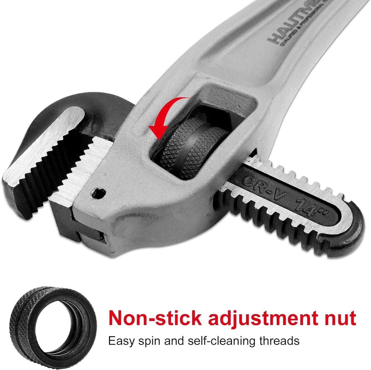 HAUTMEC 14 Inch Aluminum Offset Pipe Wrench, Heavy Duty Adjustable Plumbing Wrench, 2" Jaw Capacity, 40% Lighter Drop Forged Construction, for Use in Tight Spaces HT0189