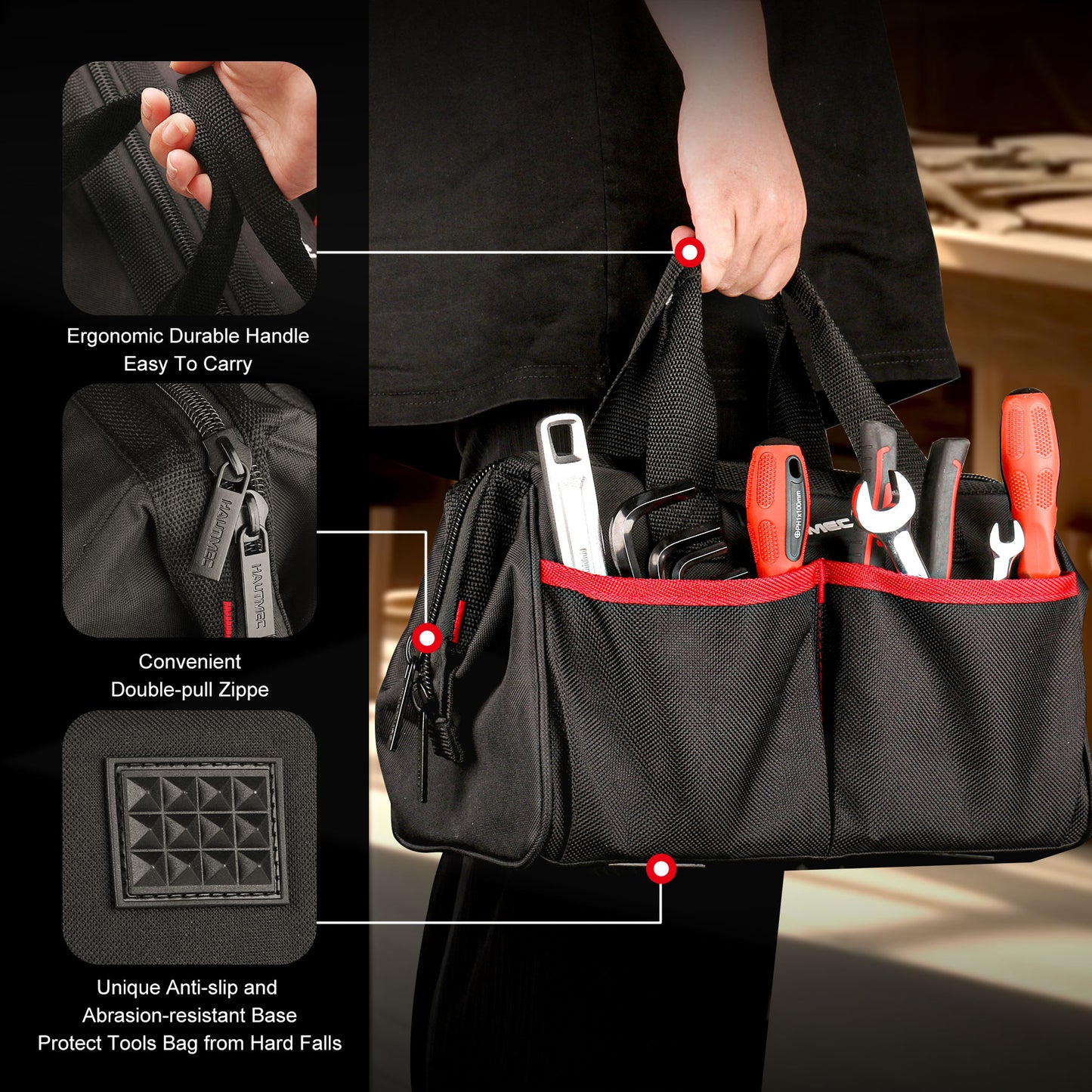 HAUTMEC 12 inch Wide Mouth Tool Bag,1680D Heavy Duty Waterproof Tool Organizer with Abrasion-resistant Base and Dual-zipper HT0286