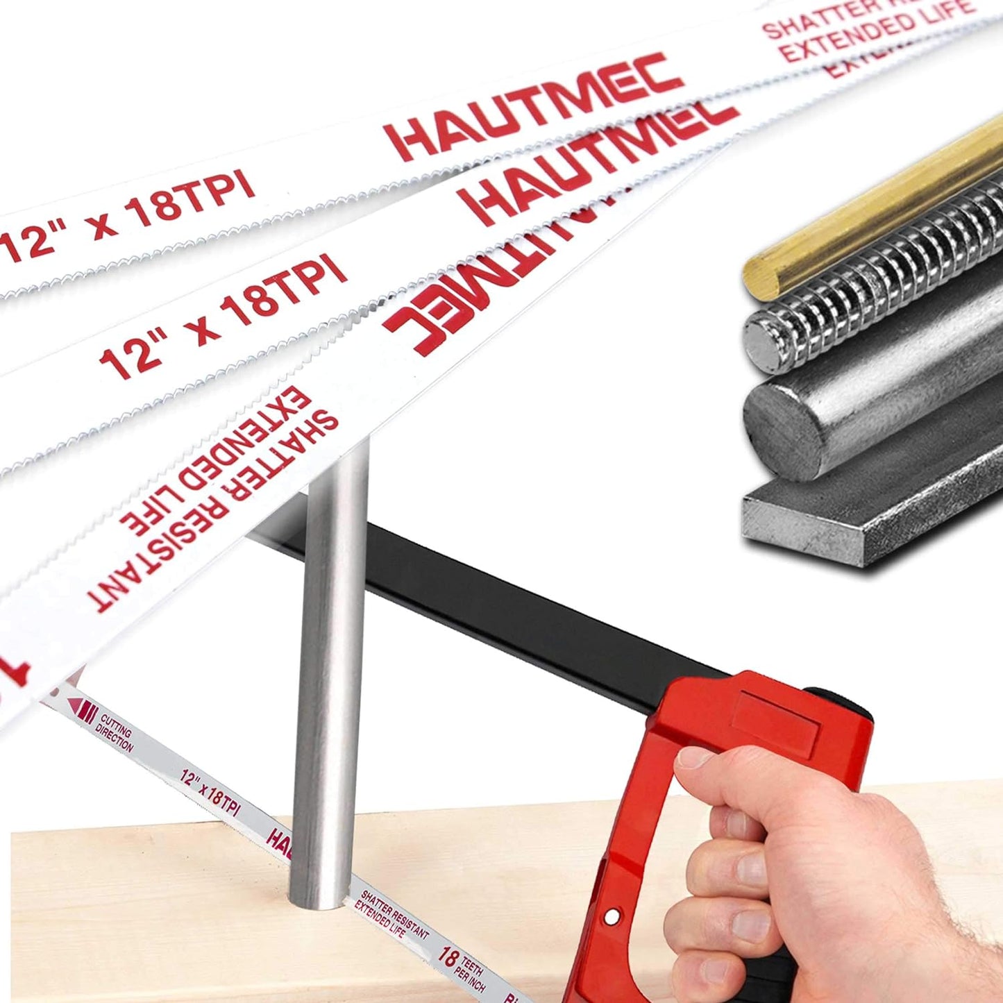 HAUTMEC 12" Hacksaw Blades Replacement Bi-Metal 18 TPI High Speed Steel Grounded Teeth, 2 Pack, HT0016-2PC